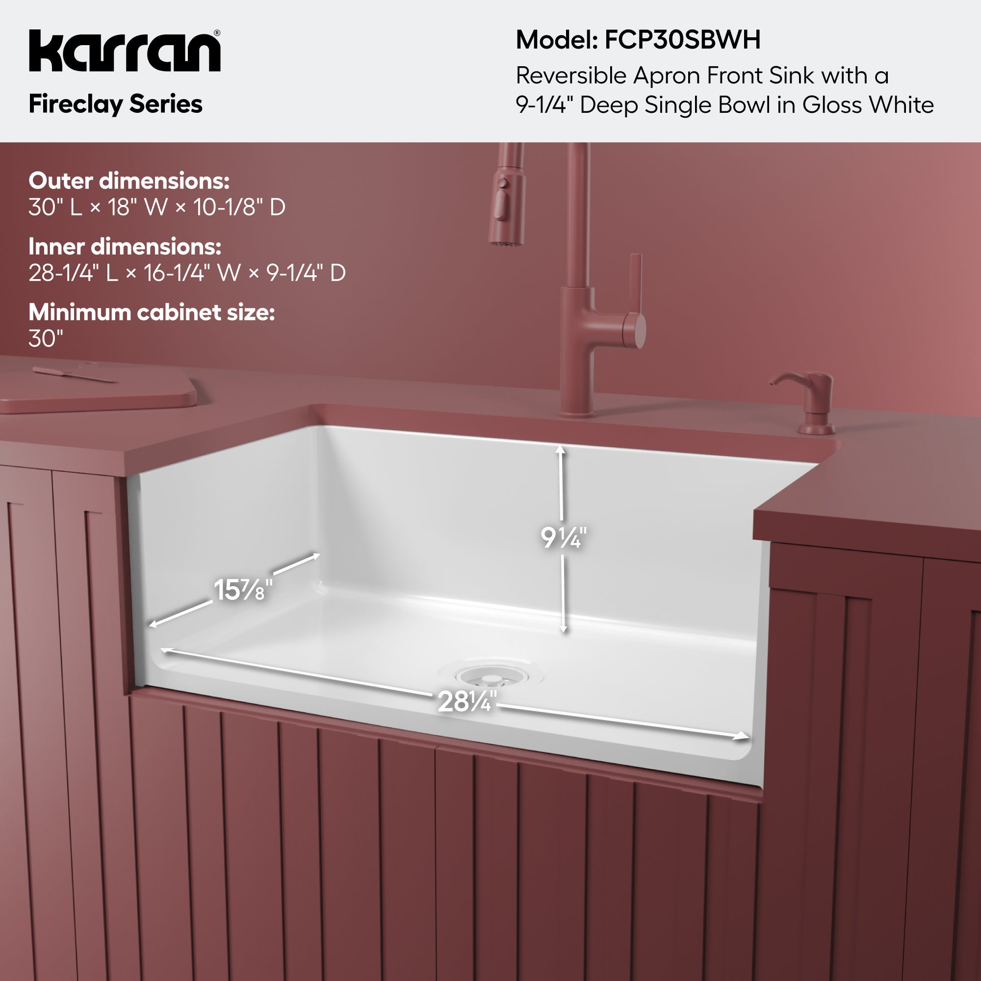 Alternative View of Karran Fireclay 30" Fireclay Farmhouse Sink with Accessories, White, FCP30SBWH