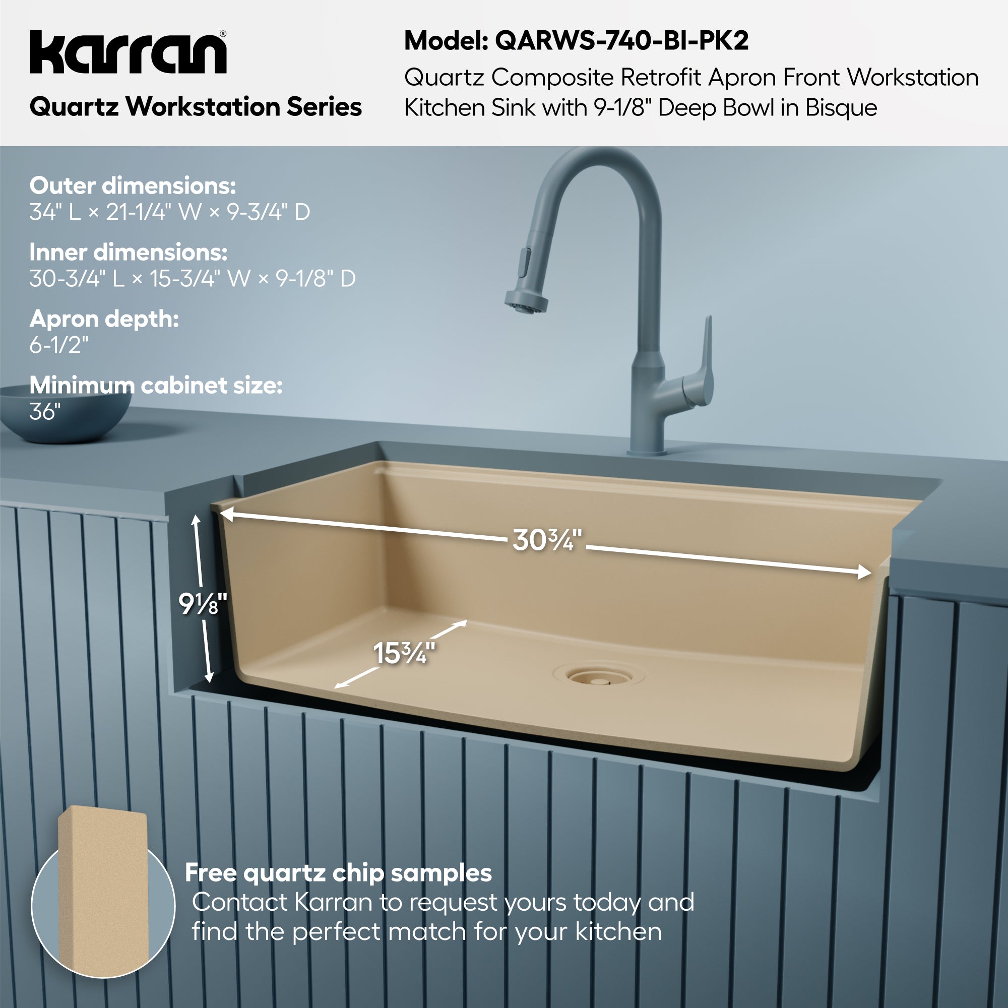 Karran 34 quartz composite retrofit workstation farmhouse sink bisque informational image