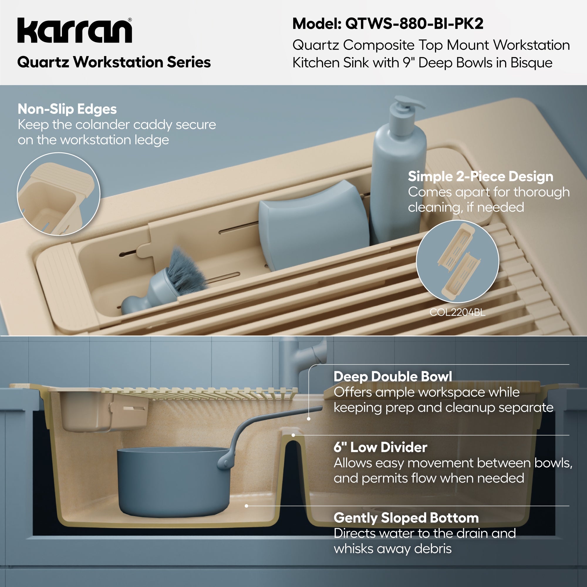 Karran 33 quartz composite workstation kitchen sink 50/50 double bowl bisque informational image