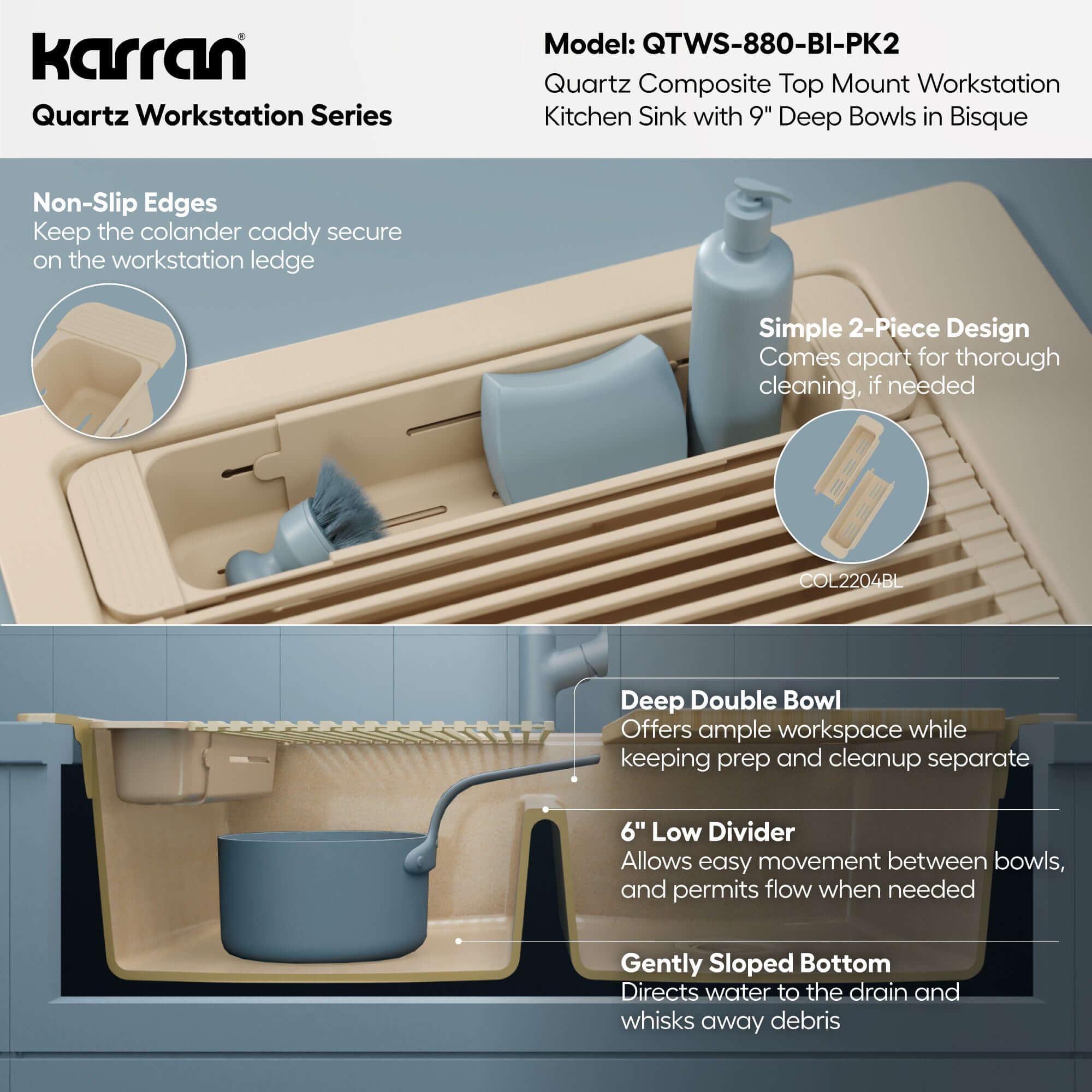 Karran 33 quartz composite workstation kitchen sink 50/50 double bowl bisque informational image
