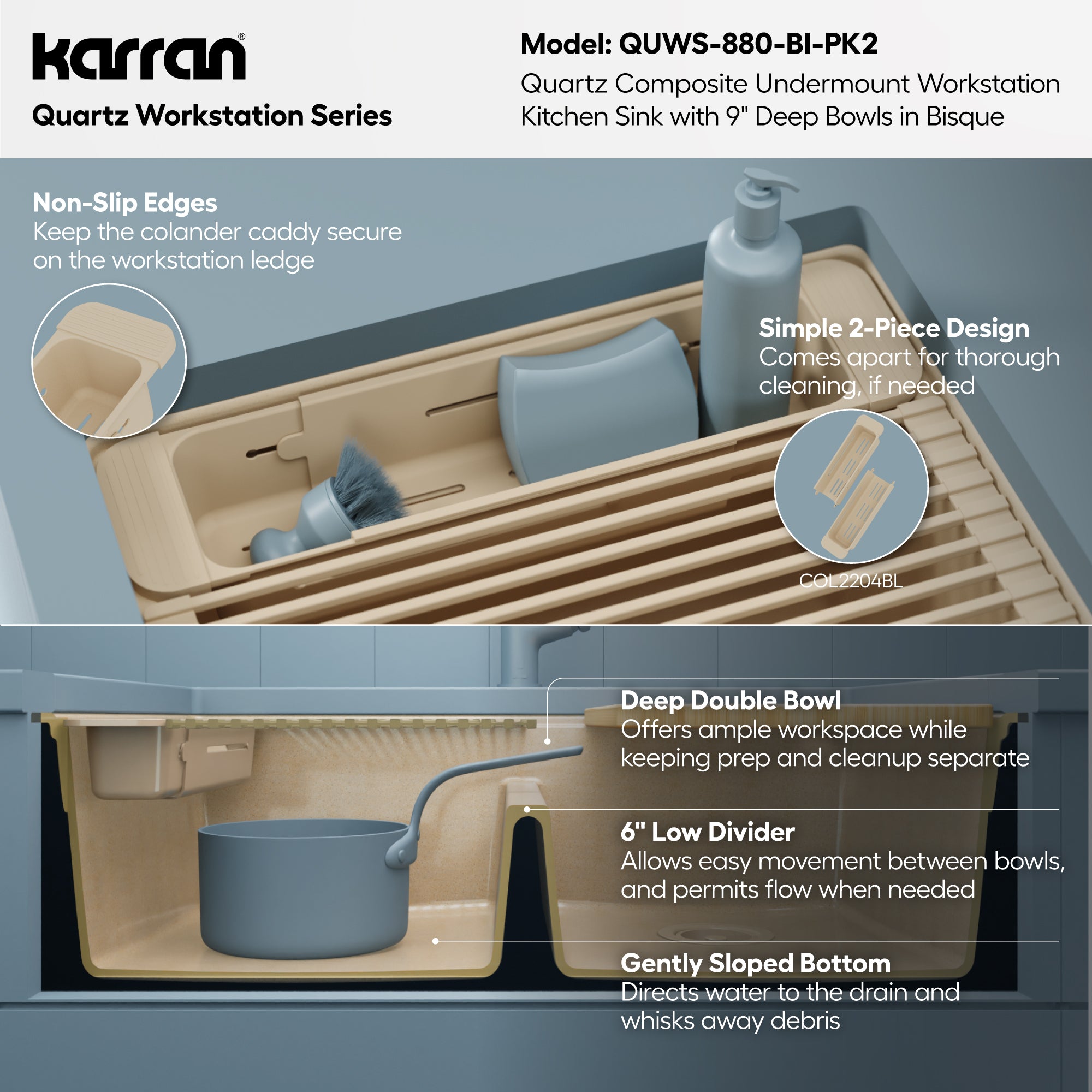 Karran 32 quartz composite workstation kitchen sink 50/50 double bowl bisque informational image