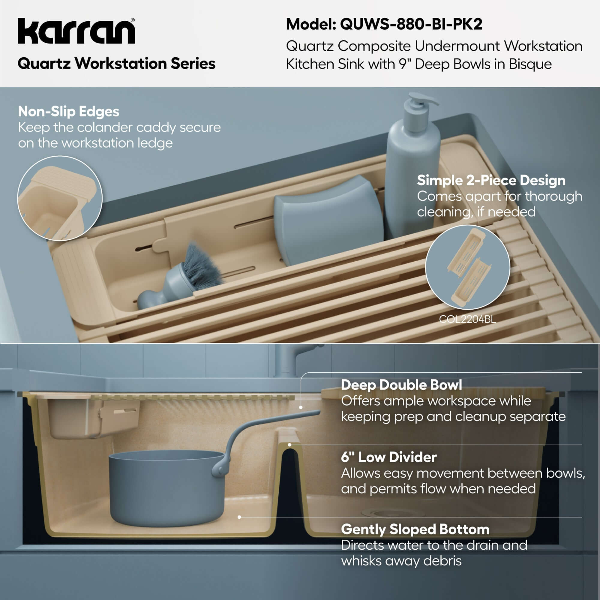 Karran 32 quartz composite workstation kitchen sink 50/50 double bowl bisque informational image