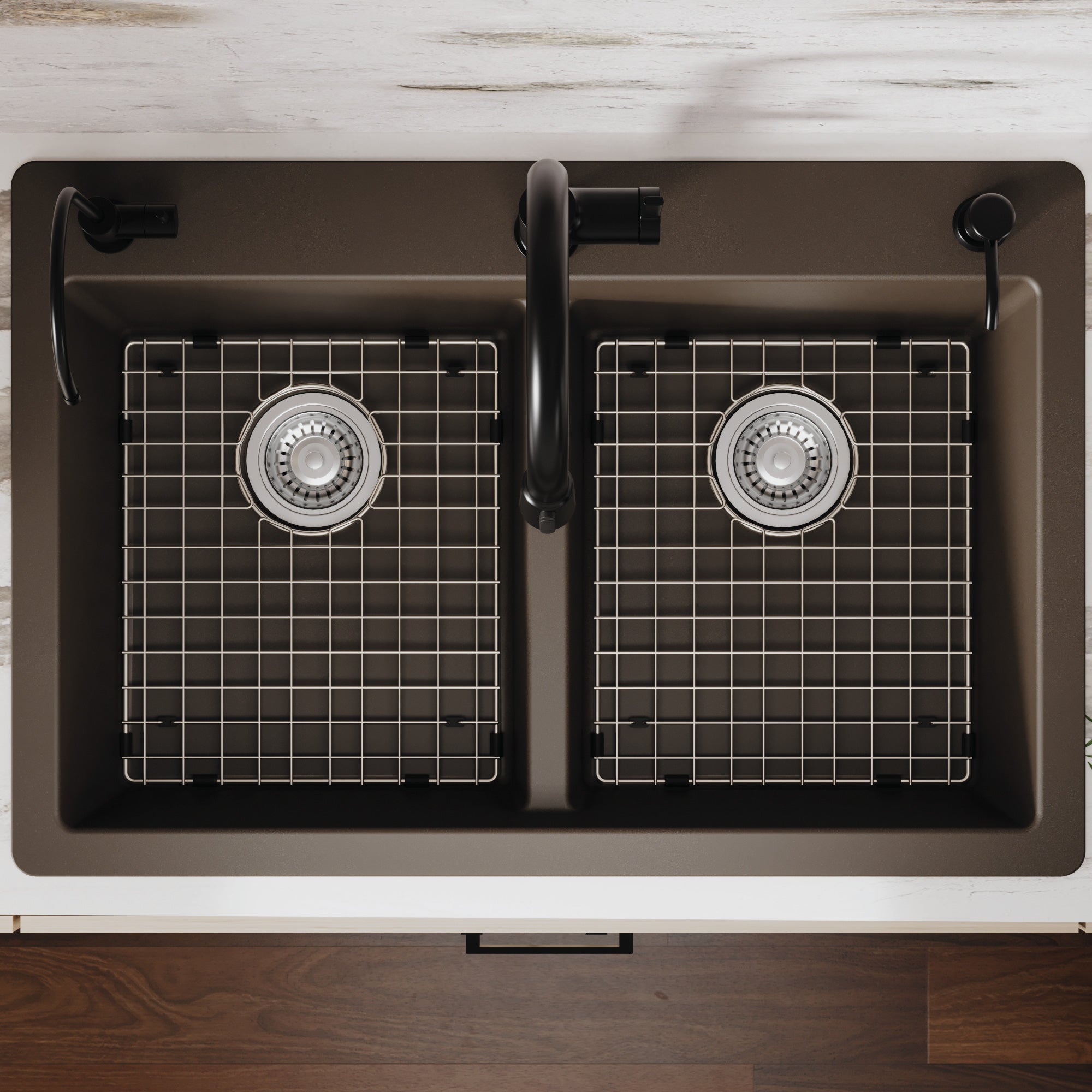 Alternative View of Karran 33" Drop In/Topmount Quartz Composite Kitchen Sink with Accessories, 50/50 Double Bowl, Brown, QT-810-BR-PK1