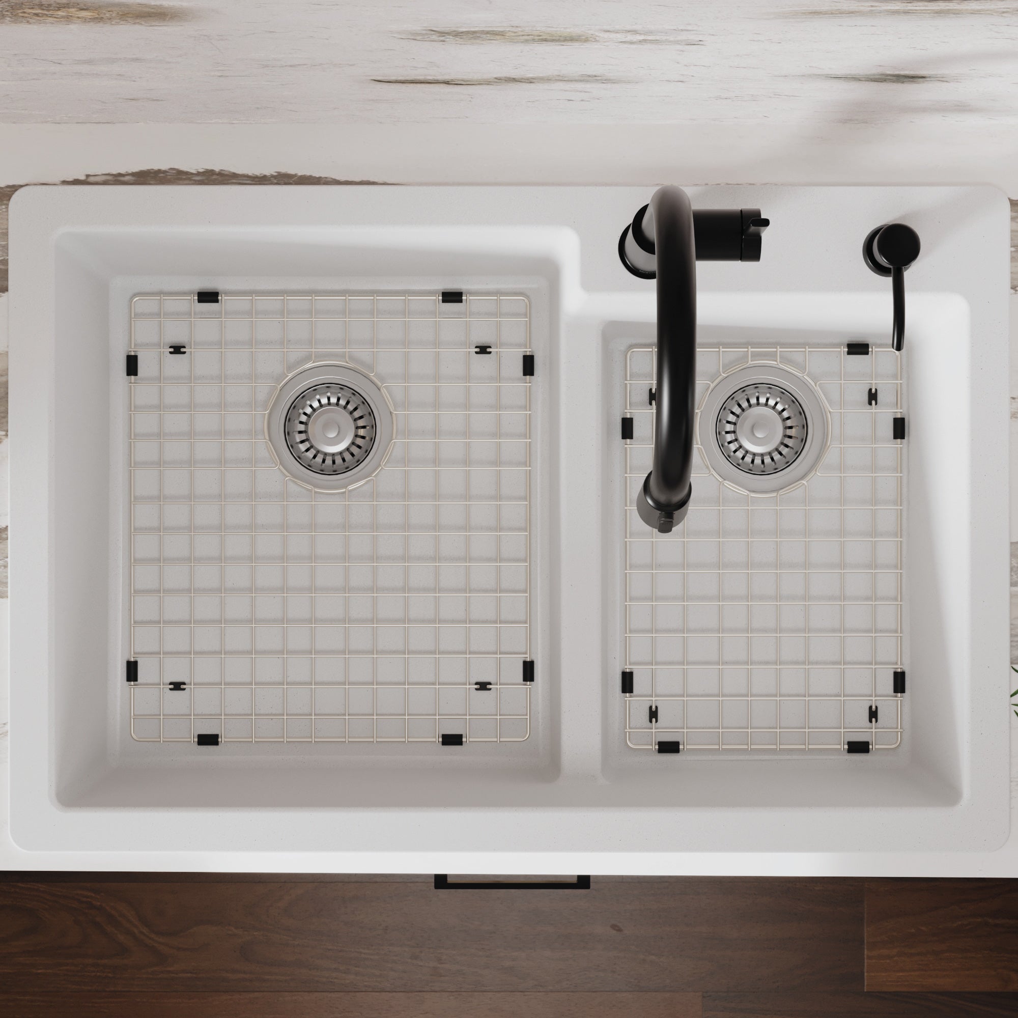 Alternative View of Karran 33" Drop In/Topmount Quartz Composite Kitchen Sink with Accessories, 60/40 Double Bowl, White, QT-811-WH-PK1