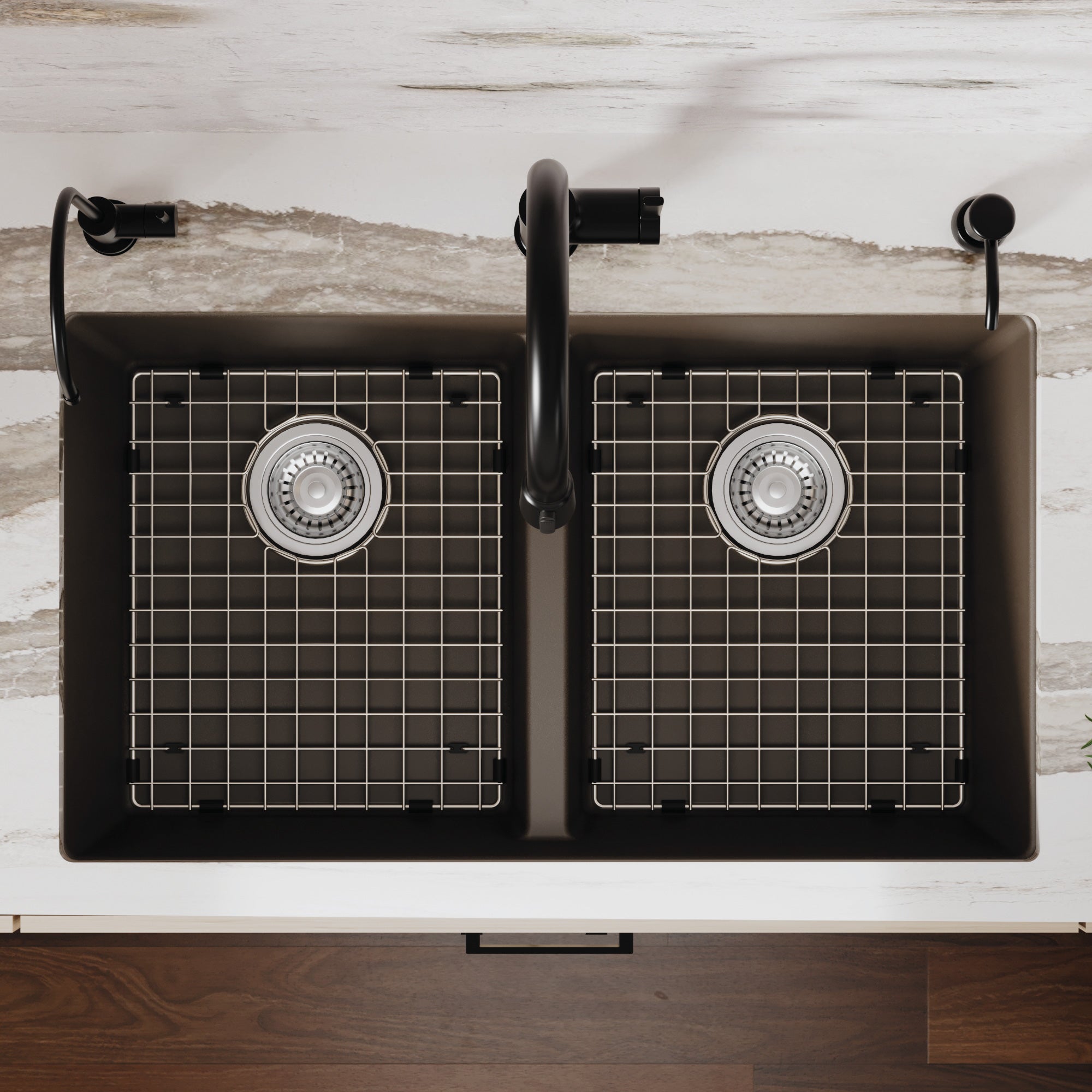 Alternative View of Karran 32" Undermount Quartz Composite Kitchen Sink with Accessories, 50/50 Double Bowl, Brown, QU-810-BR-PK1