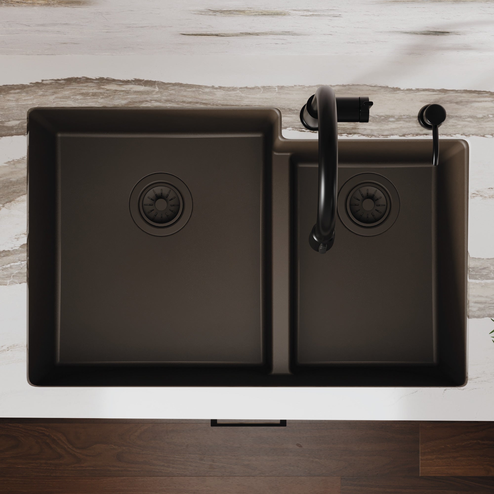 Alternative View of Karran 32" Undermount Quartz Composite Kitchen Sink, 60/40 Double Bowl, Brown, QU-811-BR