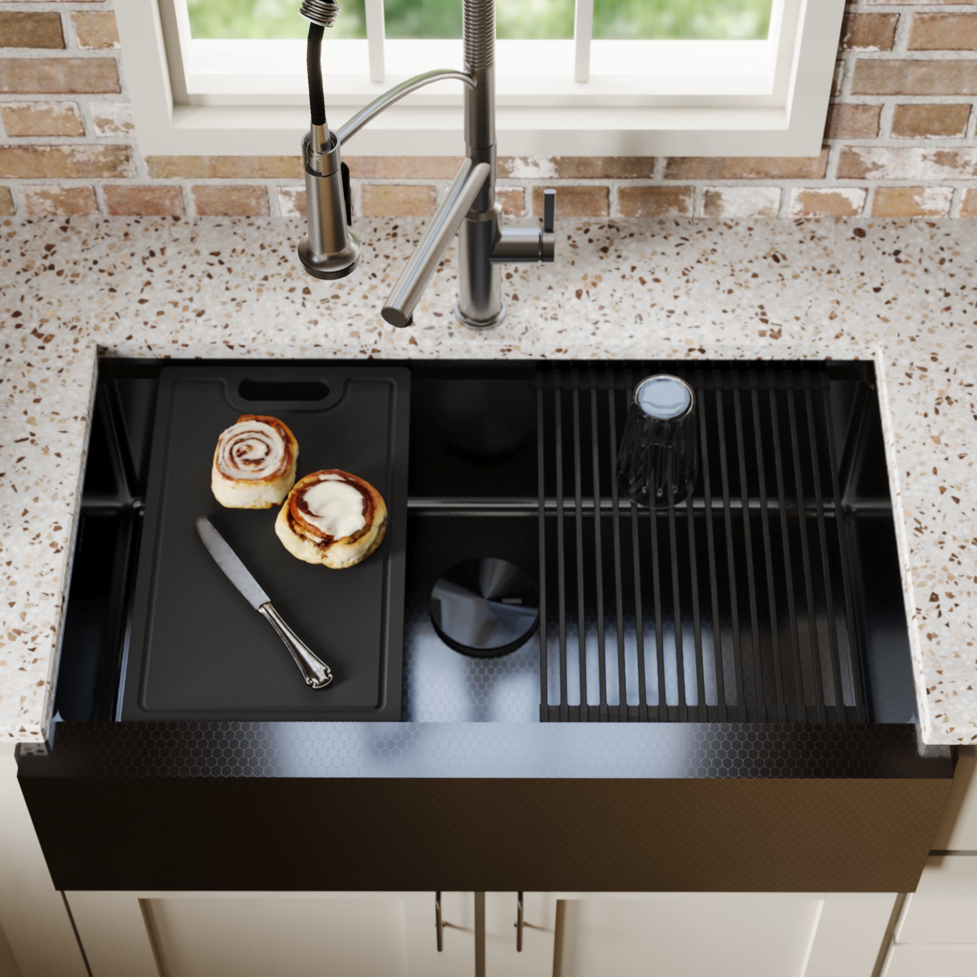 Karran 33 stainless steel workstation farmhouse sink gunmetal grey lifestyle image