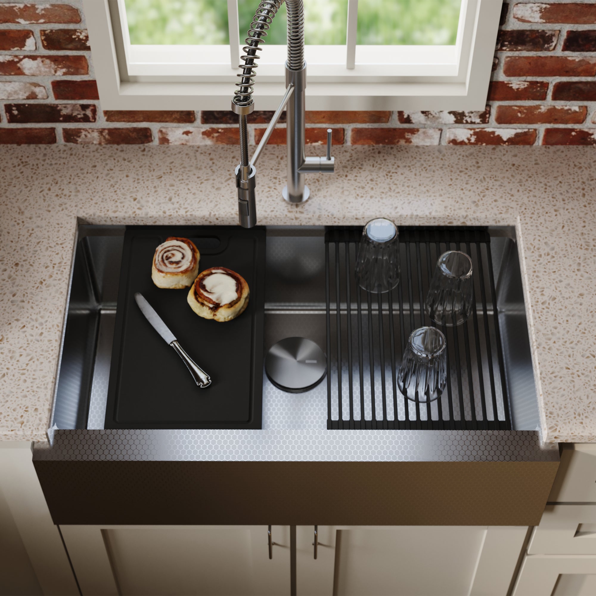 Karran 33 stainless steel workstation farmhouse sink lifestyle image