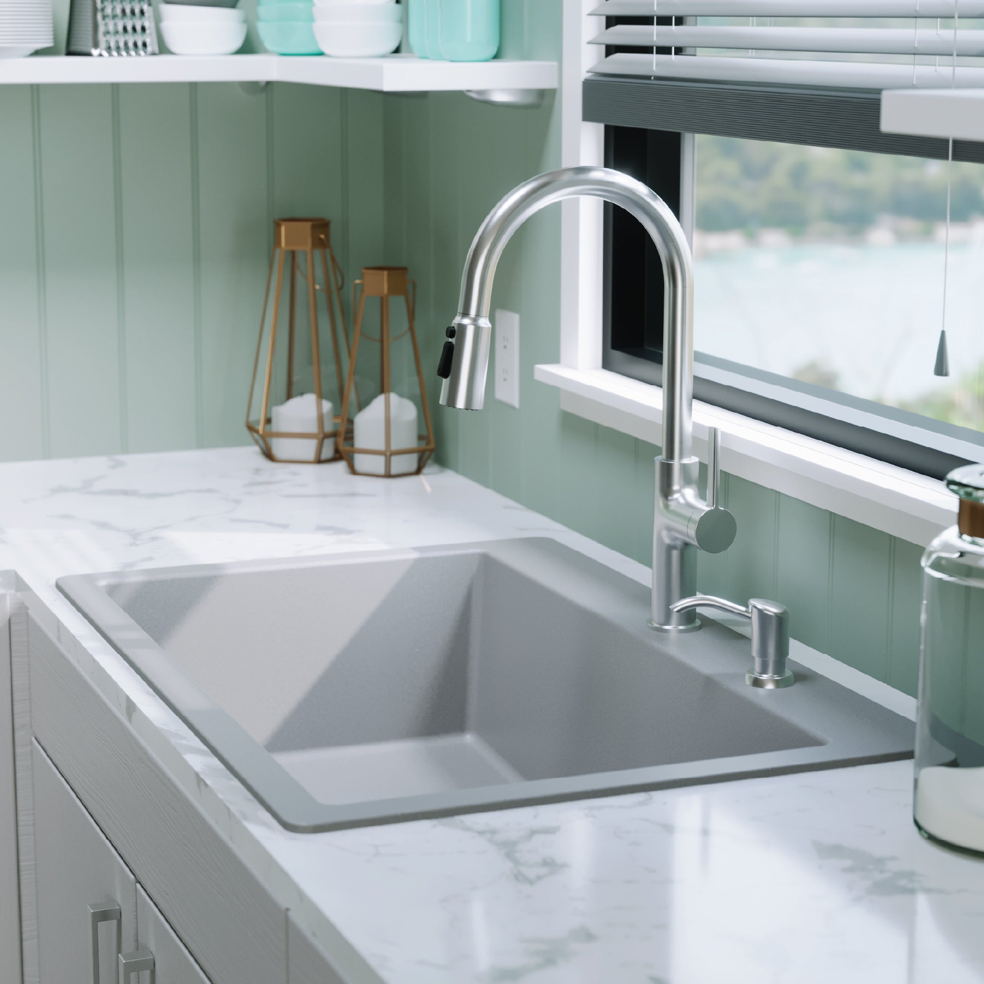 Alternative View of Karran 33" Drop In/Topmount Quartz Composite Kitchen Sink, Grey, QT-812-GR