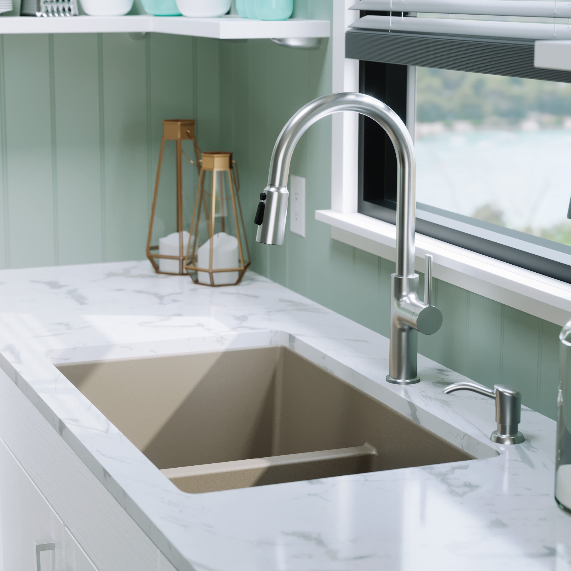 Alternative View of Karran 32" Undermount Quartz Composite Kitchen Sink with Accessories, 50/50 Double Bowl, Concrete, QU-810-CN-PK1