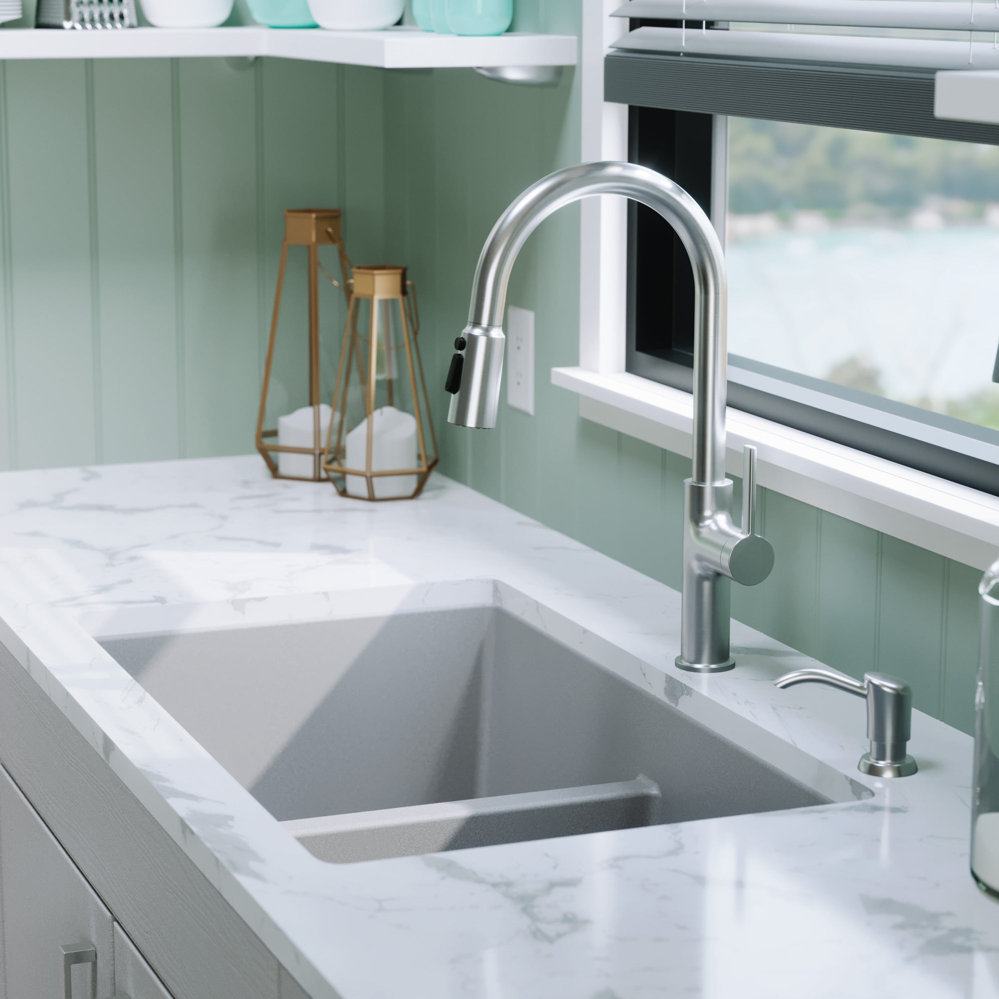 Alternative View of Karran 32" Undermount Quartz Composite Kitchen Sink, 50/50 Double Bowl, Grey, QU-810-GR