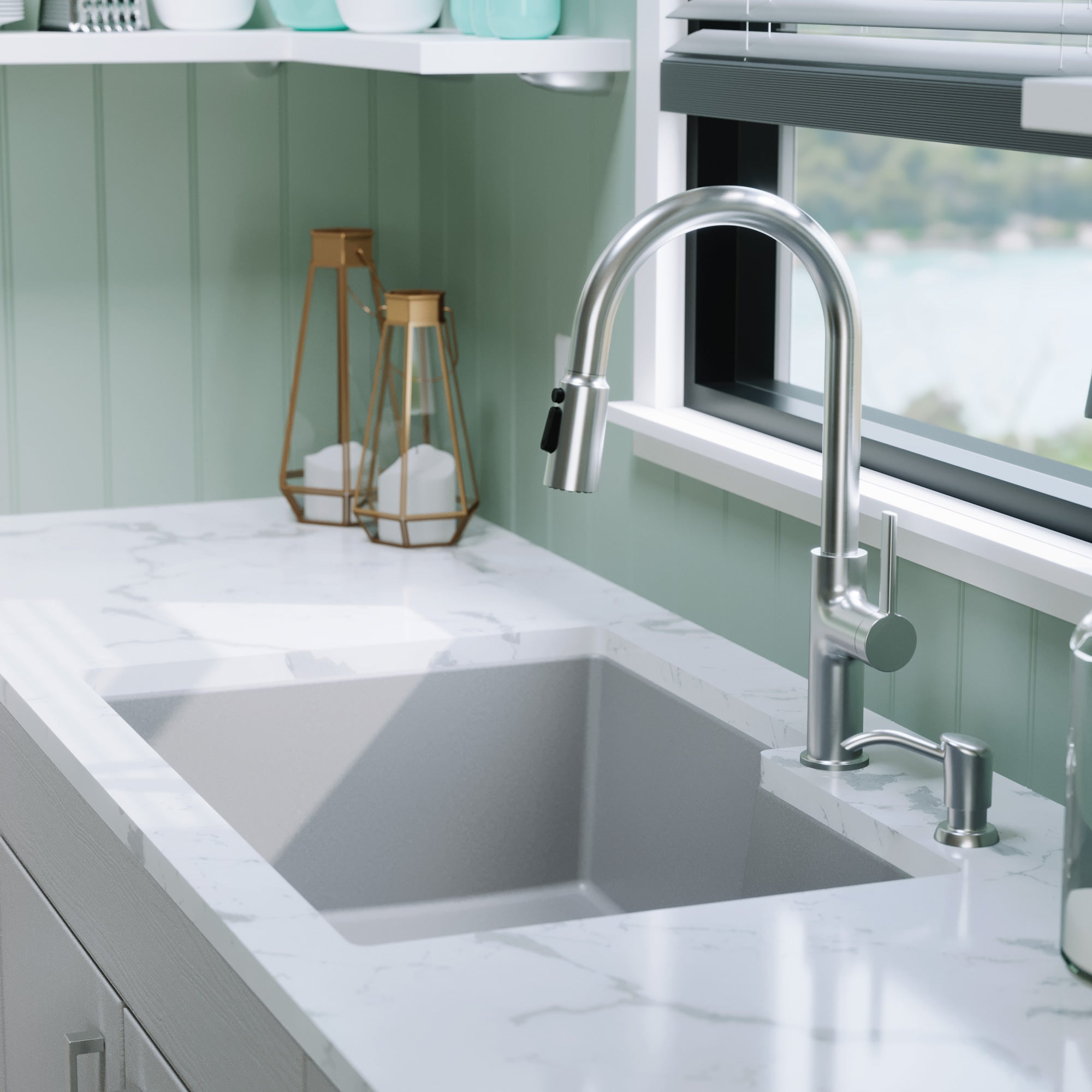 Alternative View of Karran 32" Undermount Quartz Composite Kitchen Sink, 60/40 Double Bowl, Grey, QU-811-GR