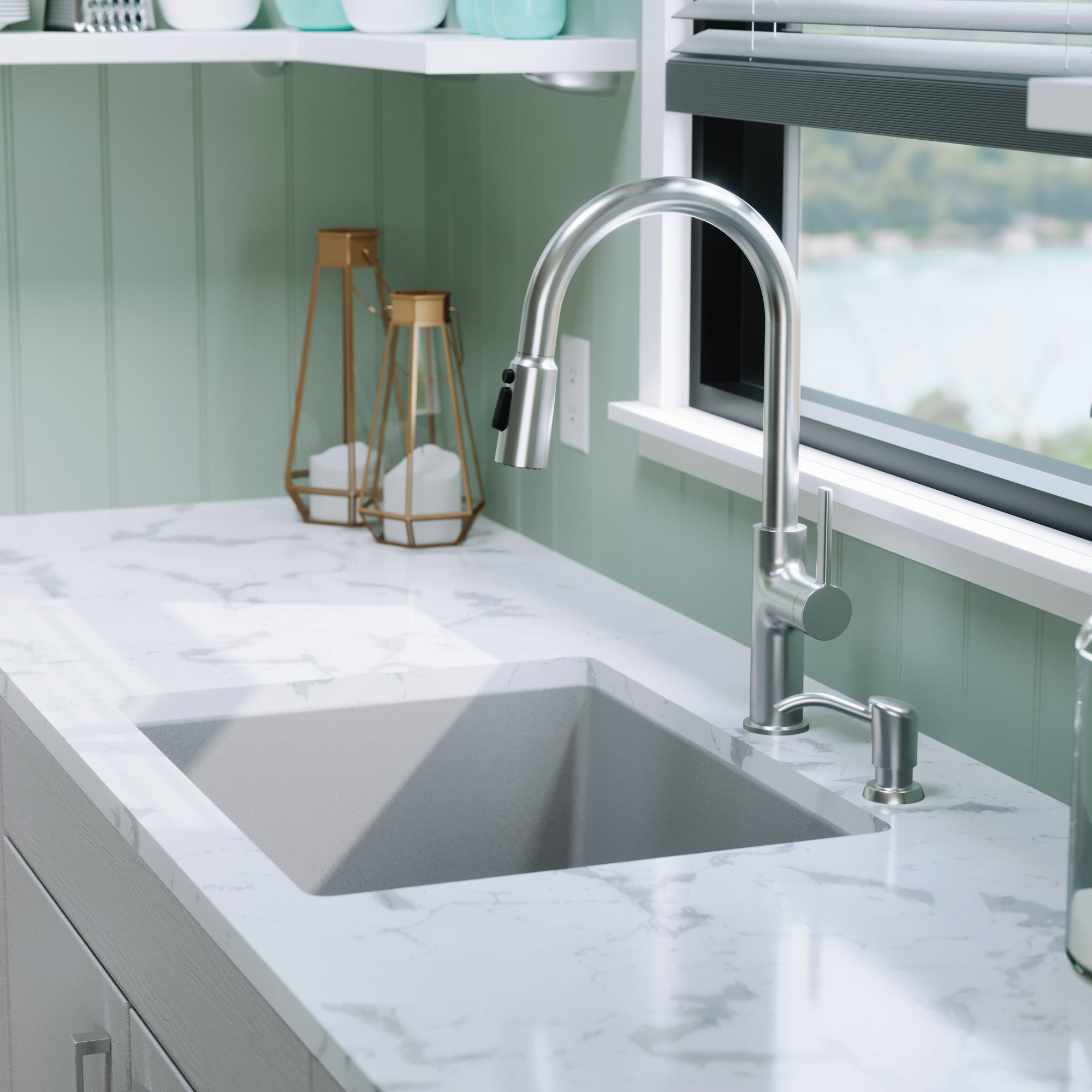 Alternative View of Karran 24" Undermount Quartz Composite Kitchen Sink with Accessories, Grey, QU-820-GR-PK1