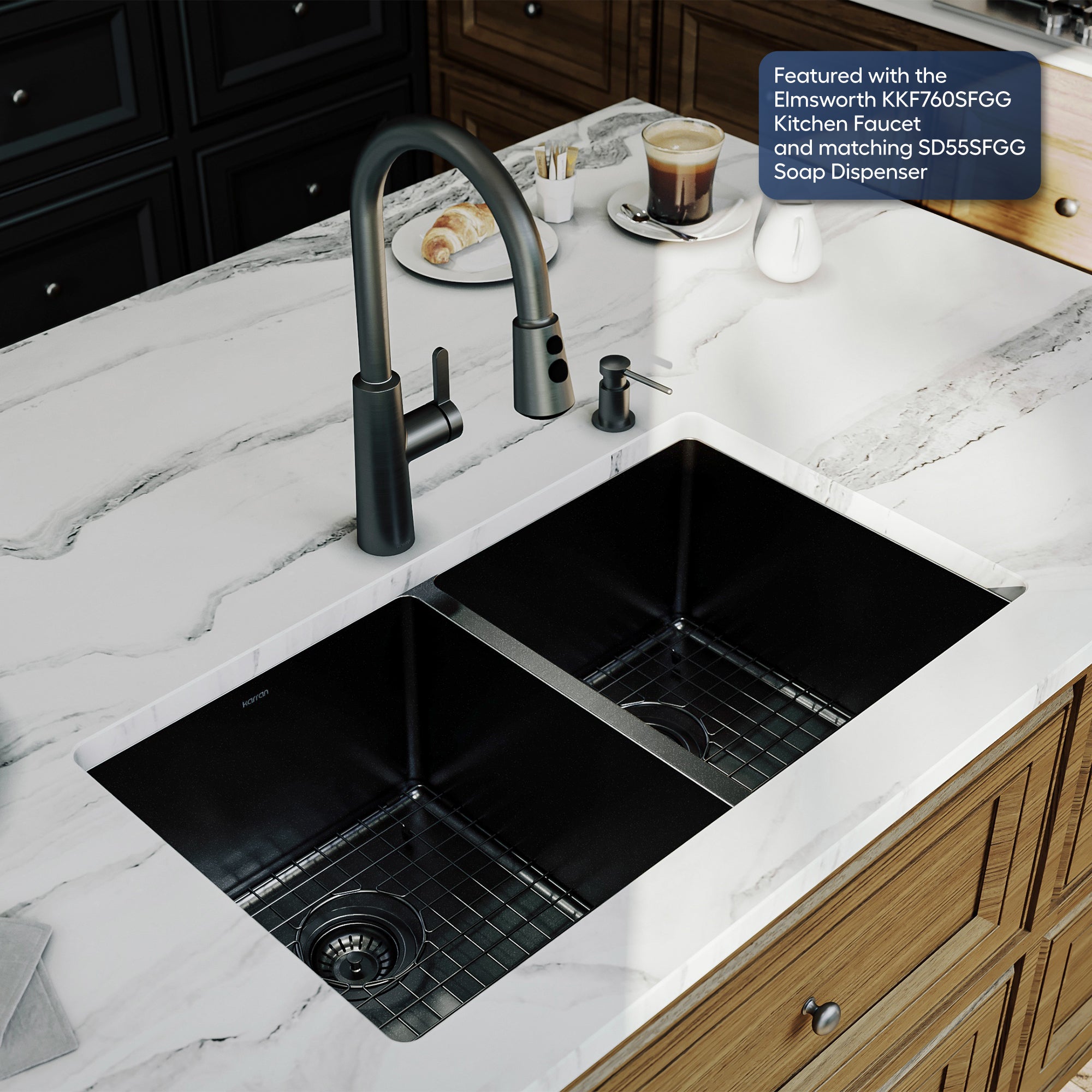 Karran elite 32 stainless steel kitchen sink 50/50 double bowl gunmetal black lifestyle image
