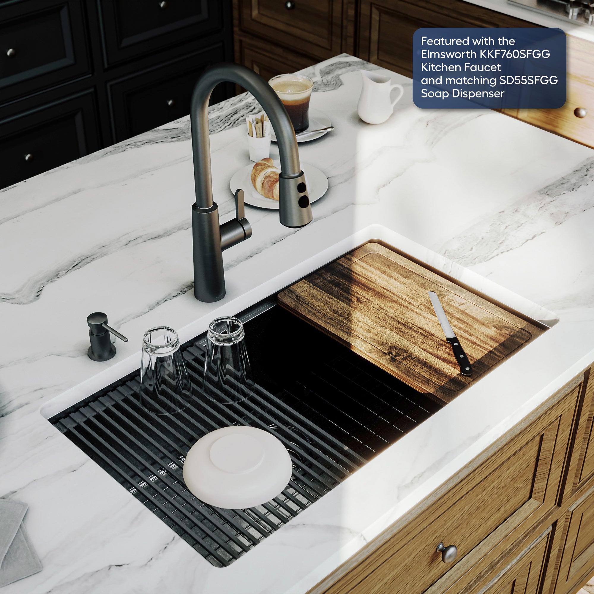 Karran elite workstation 32 stainless steel kitchen sink gunmetal black lifestyle image