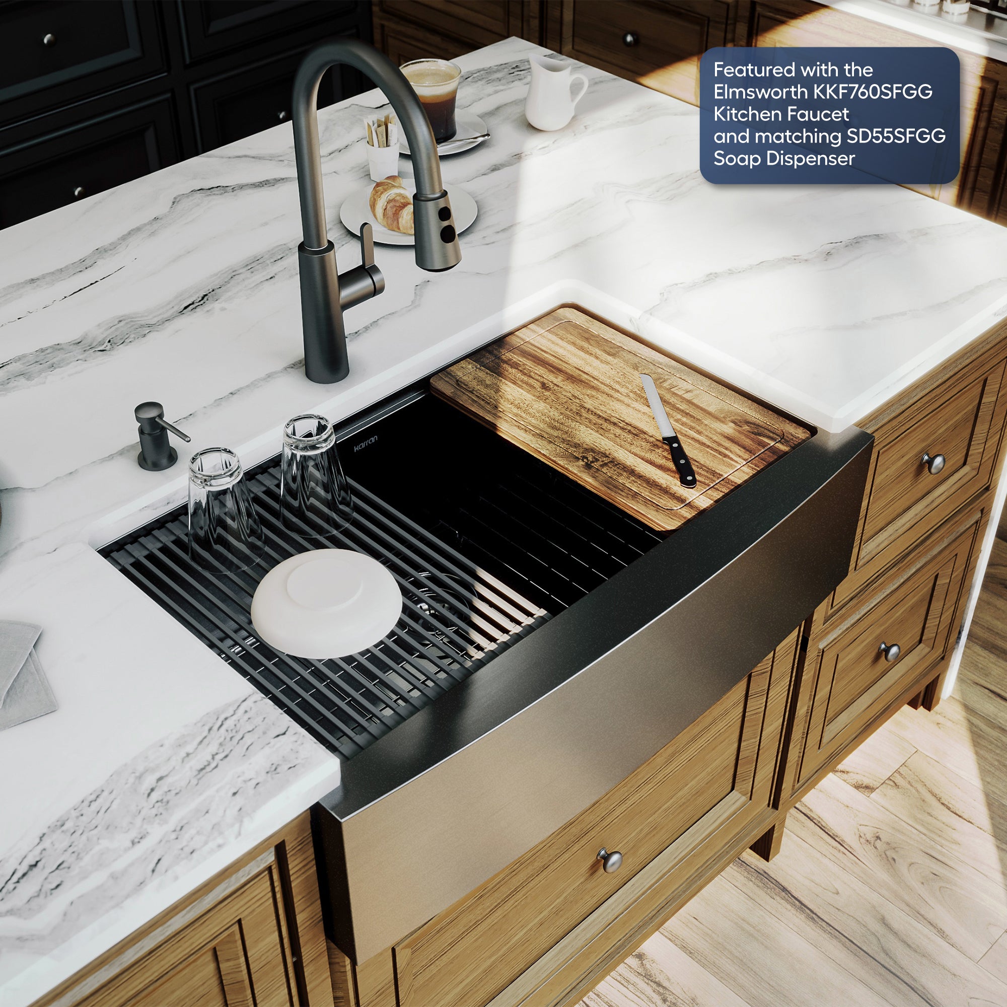 Karran elite workstation 33 stainless steel farmhouse sink gunmetal black lifestyle image