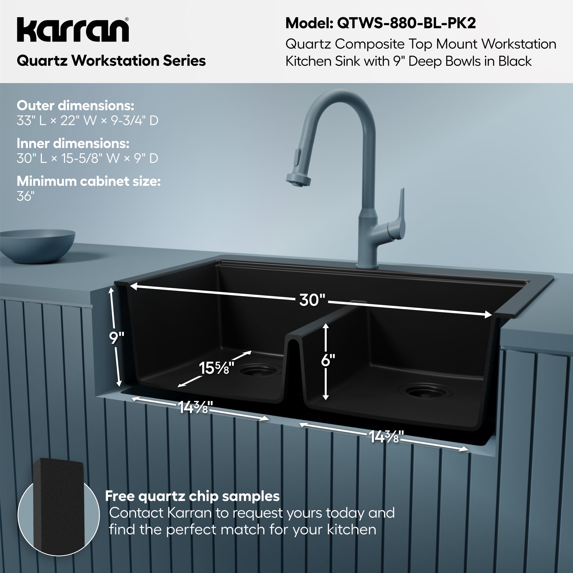 Karran 33 quartz composite workstation kitchen sink 50/50 double bowl black informational image