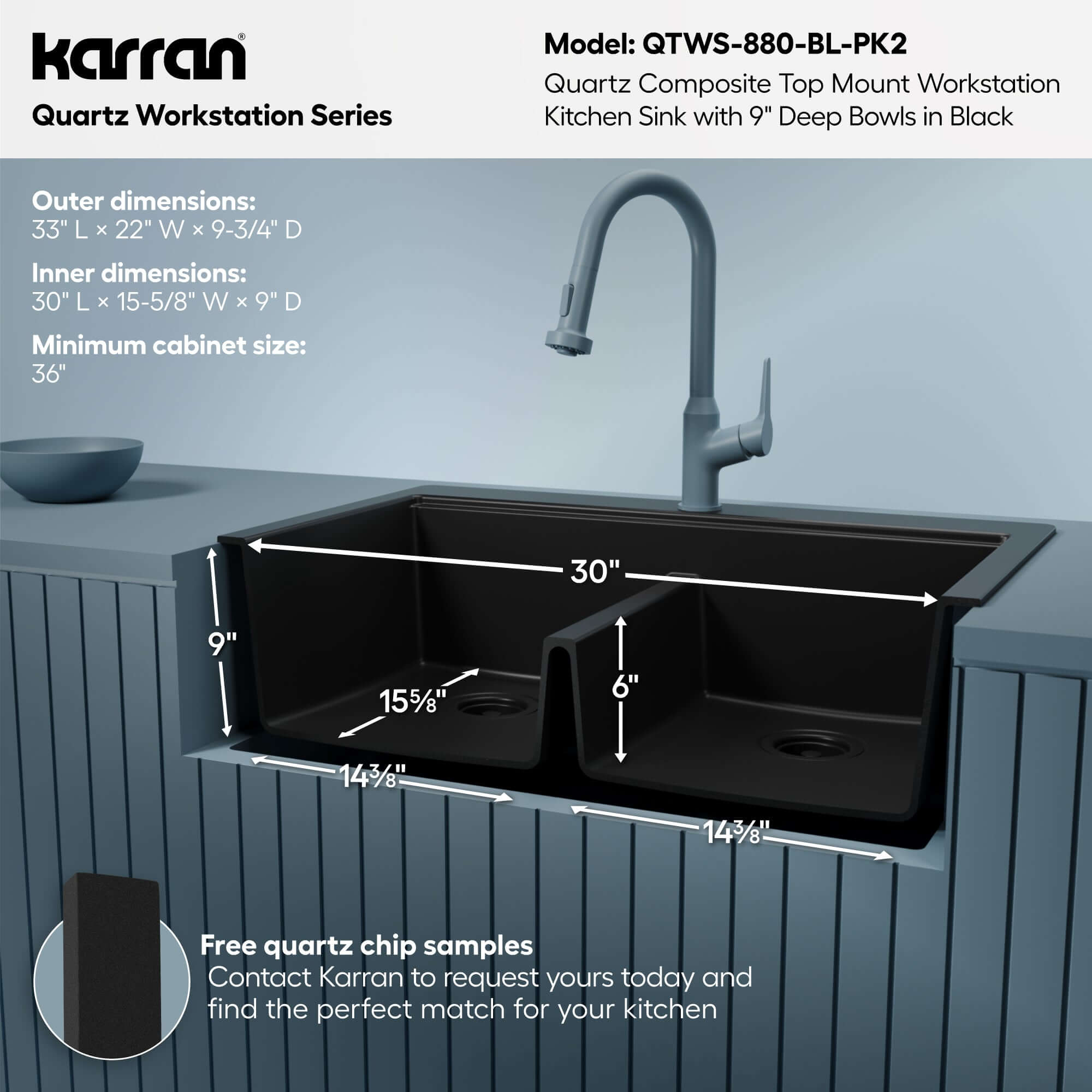 Karran 33 quartz composite workstation kitchen sink 50/50 double bowl black informational image