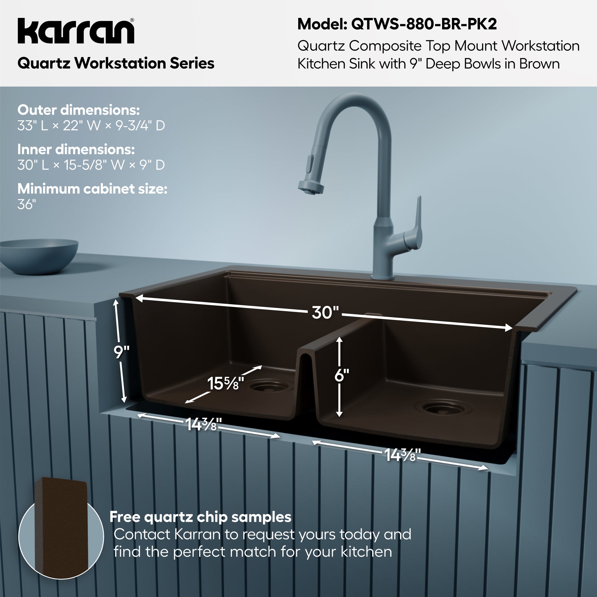 Karran 33 quartz composite workstation kitchen sink 50/50 double bowl brown informational image