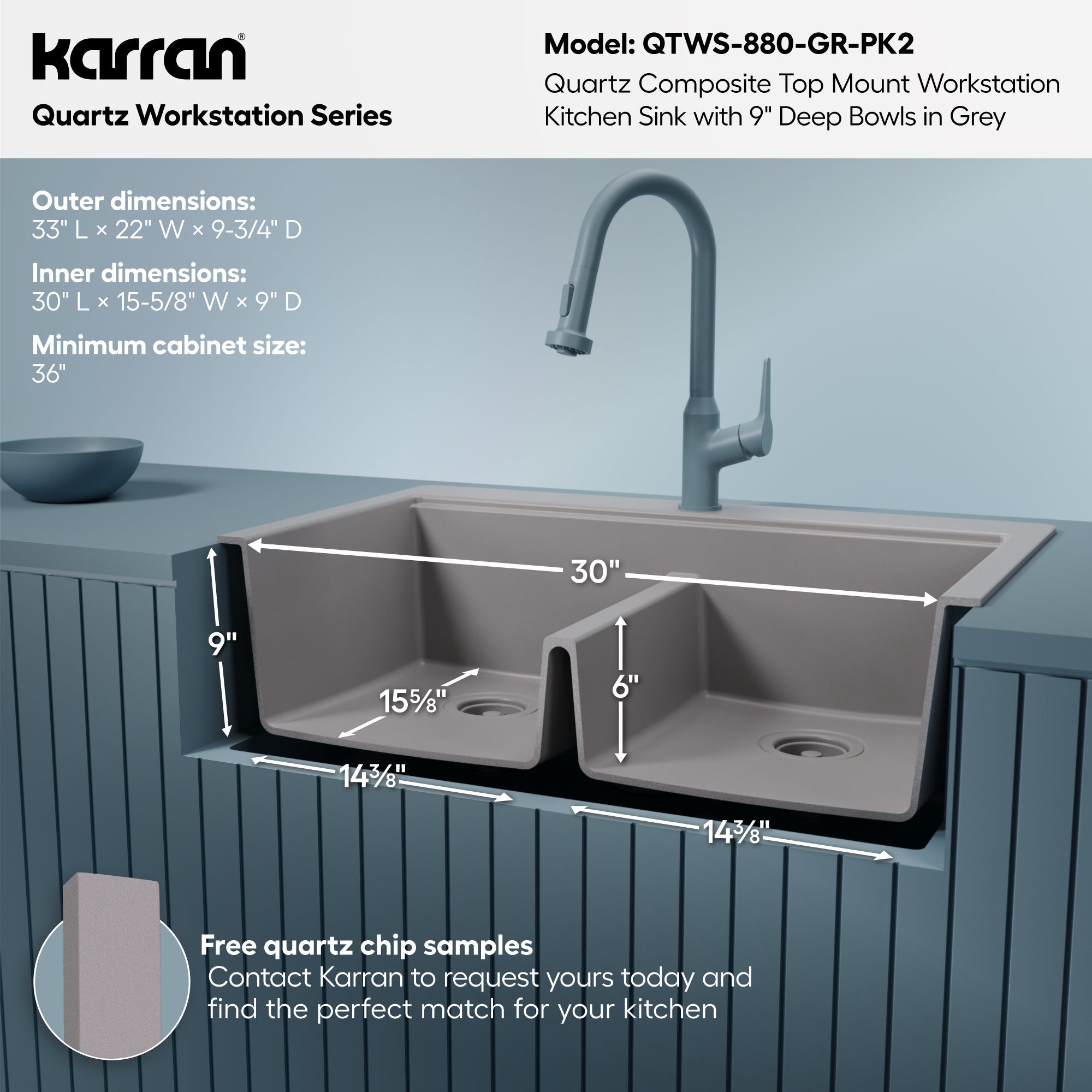 Karran 33 quartz composite workstation kitchen sink 50/50 double bowl grey informational image
