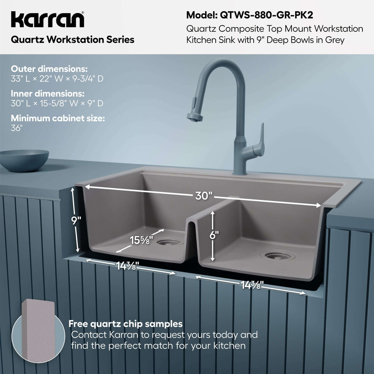 Karran 33 quartz composite workstation kitchen sink 50/50 double bowl grey informational image