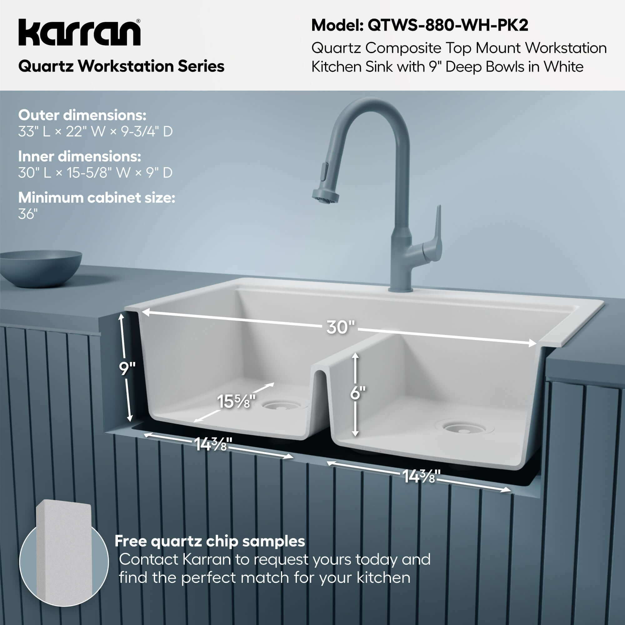 Karran 33 quartz composite workstation kitchen sink 50/50 double bowl white informational image