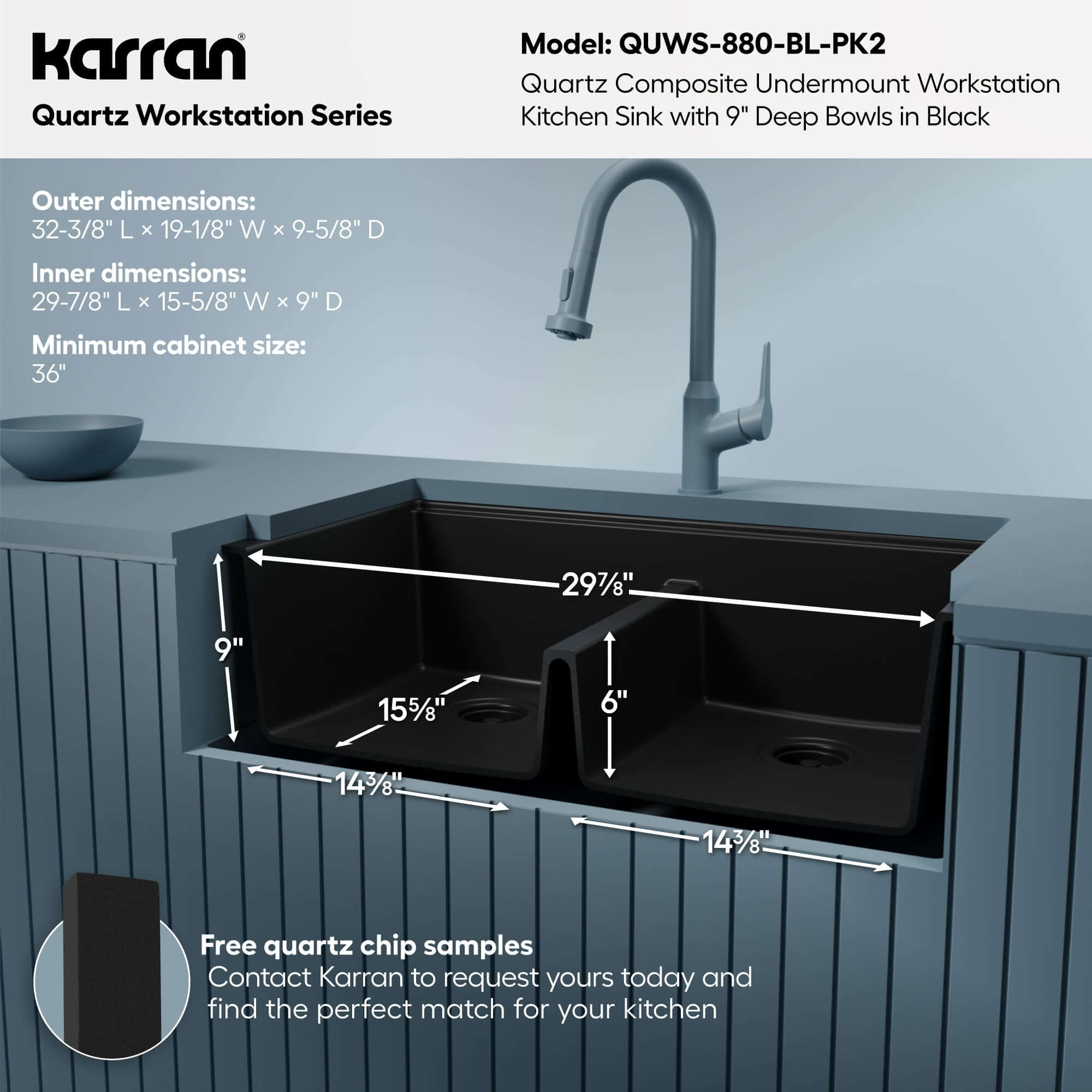 Karran 32 quartz composite workstation kitchen sink 50/50 double bowl black informational image