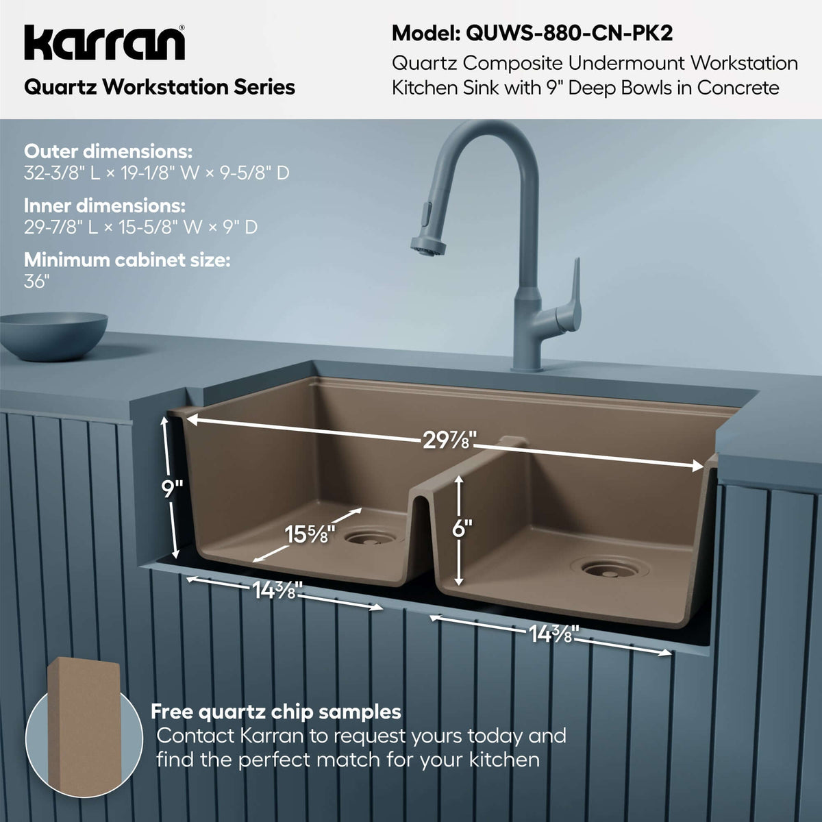 Karran 32 quartz composite workstation kitchen sink 50/50 double bowl concrete informational image