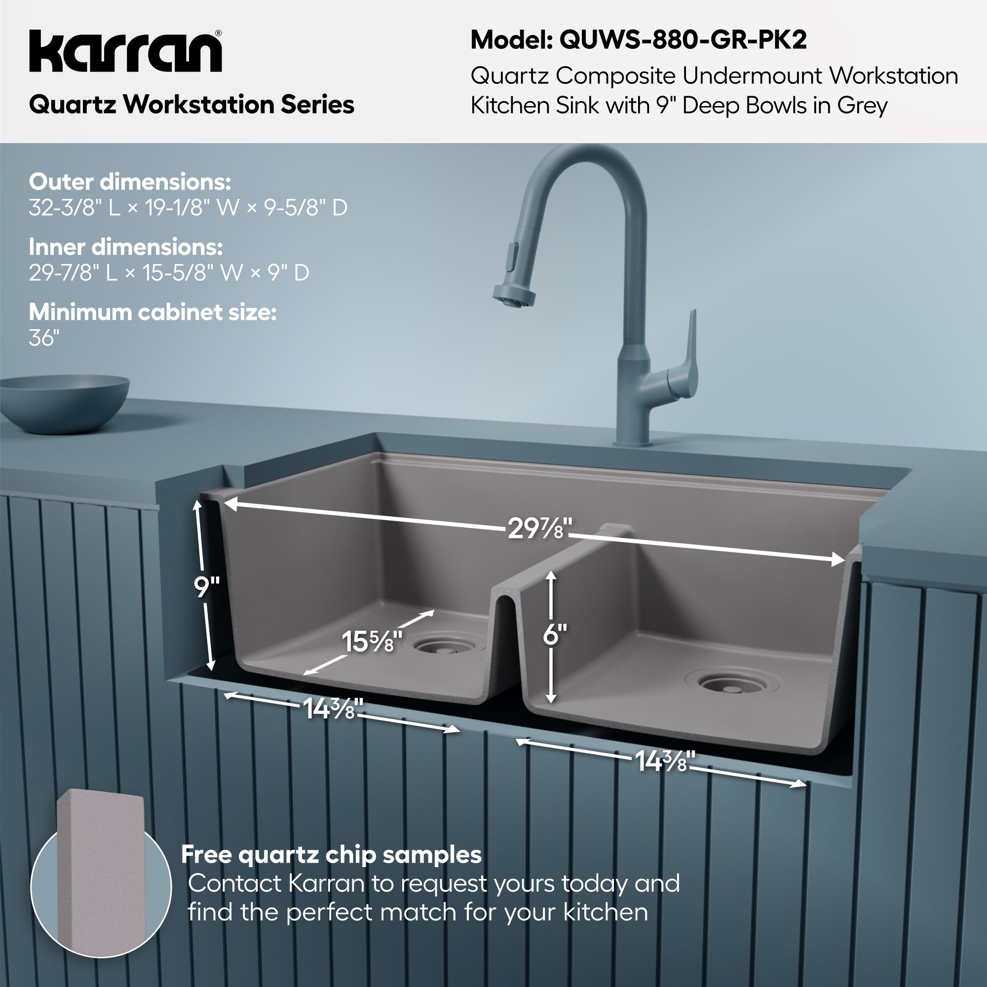 Karran 32 quartz composite workstation kitchen sink 50/50 double bowl grey informational image