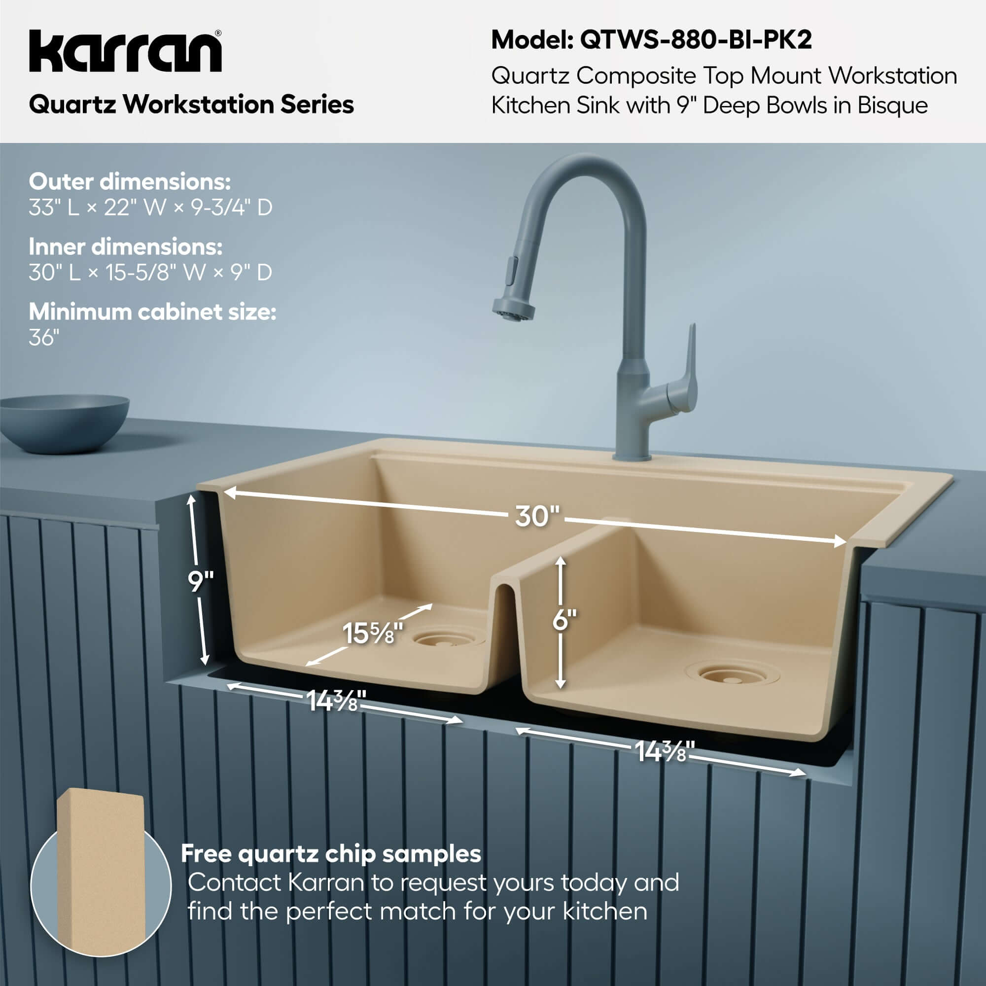 Karran 33 quartz composite workstation kitchen sink 50/50 double bowl bisque informational image