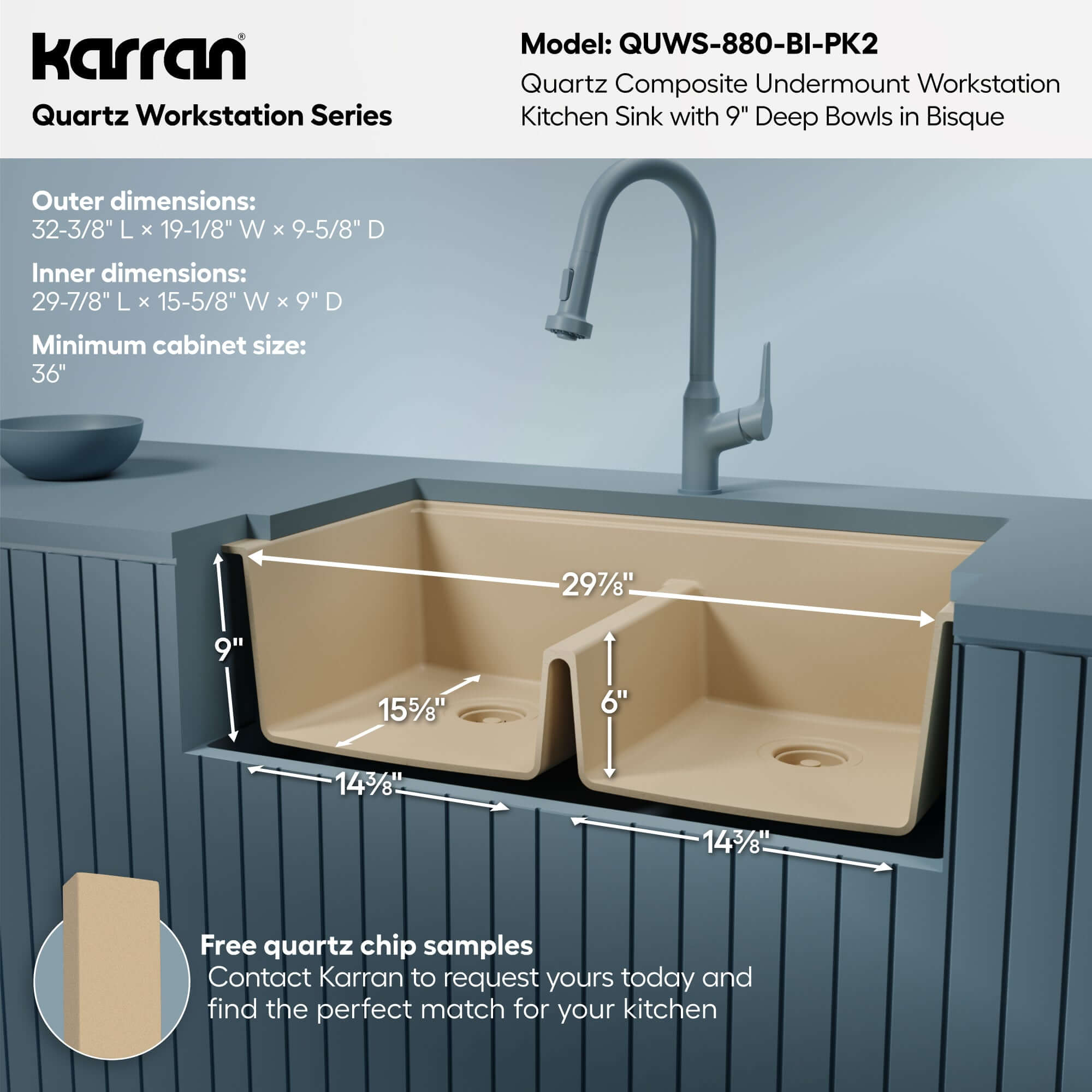 Karran 32 quartz composite workstation kitchen sink 50/50 double bowl bisque informational image
