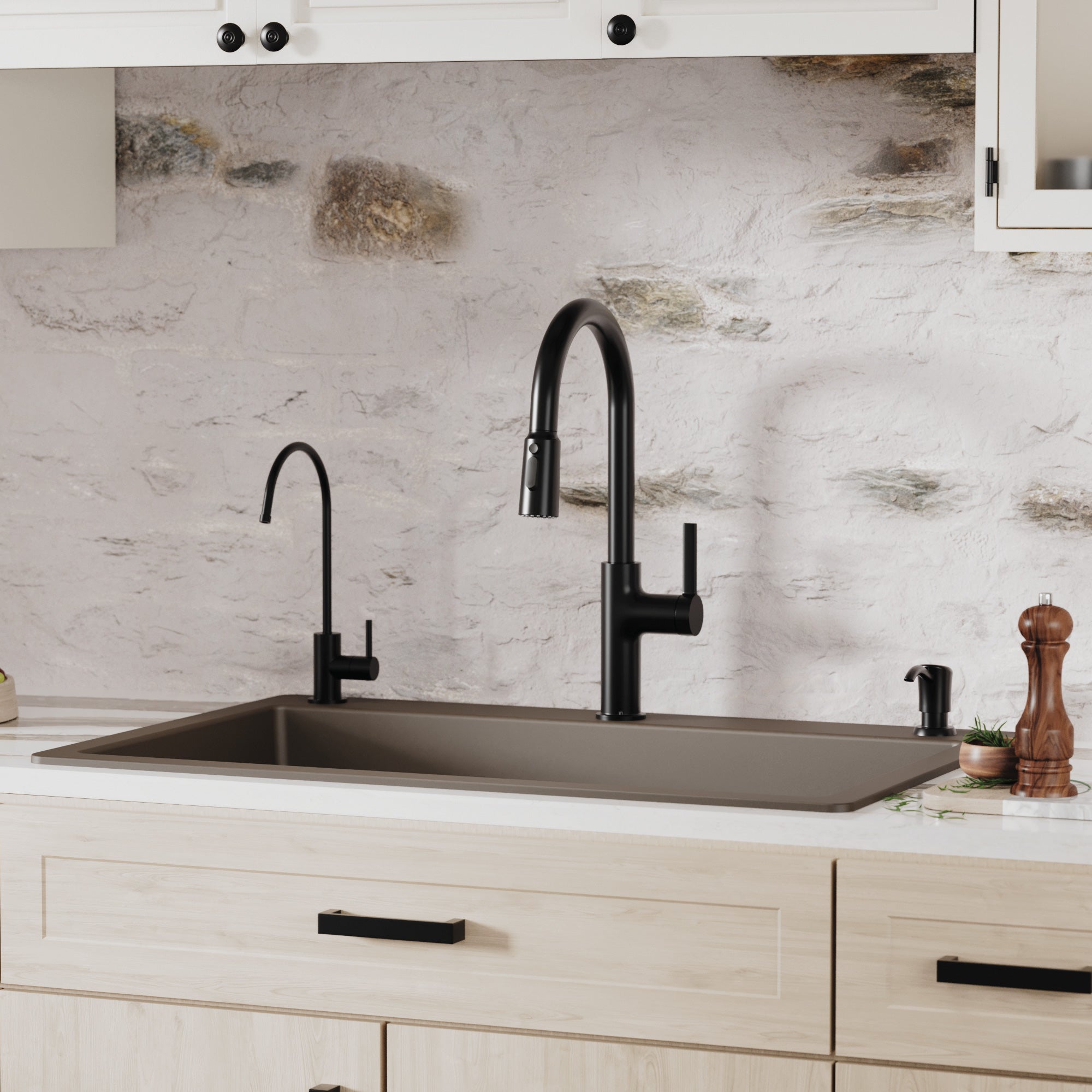 Alternative View of Karran 33" Drop In/Topmount Quartz Composite Kitchen Sink with Accessories, 50/50 Double Bowl, Brown, QT-810-BR-PK1