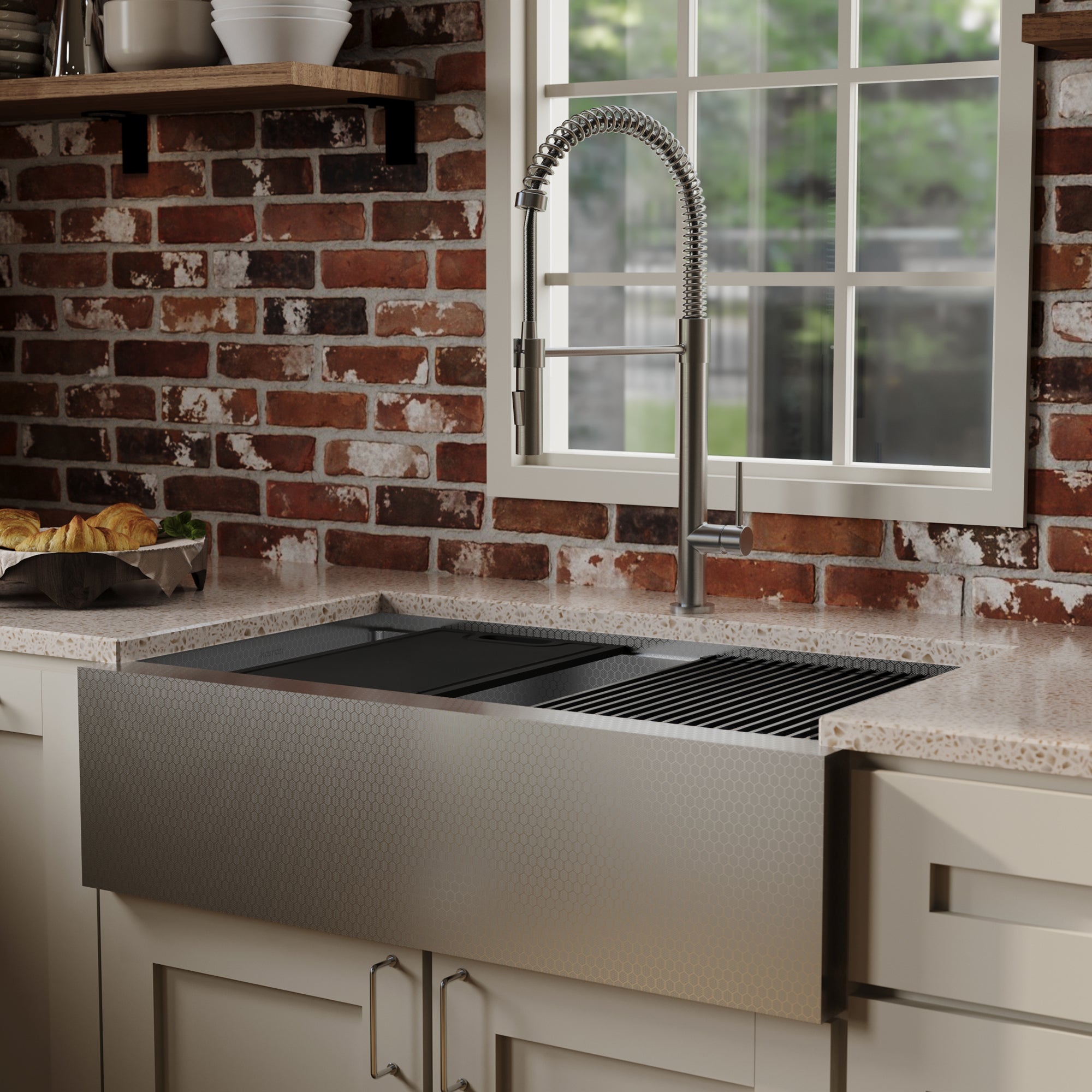 Karran 33 stainless steel workstation farmhouse sink lifestyle image
