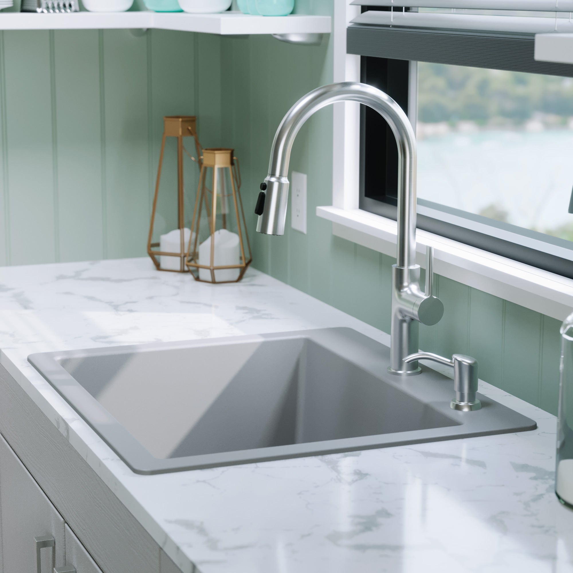 Alternative View of Karran 25" Drop In/Topmount Quartz Composite Kitchen Sink with Accessories, Grey, QT-820-GR-PK1
