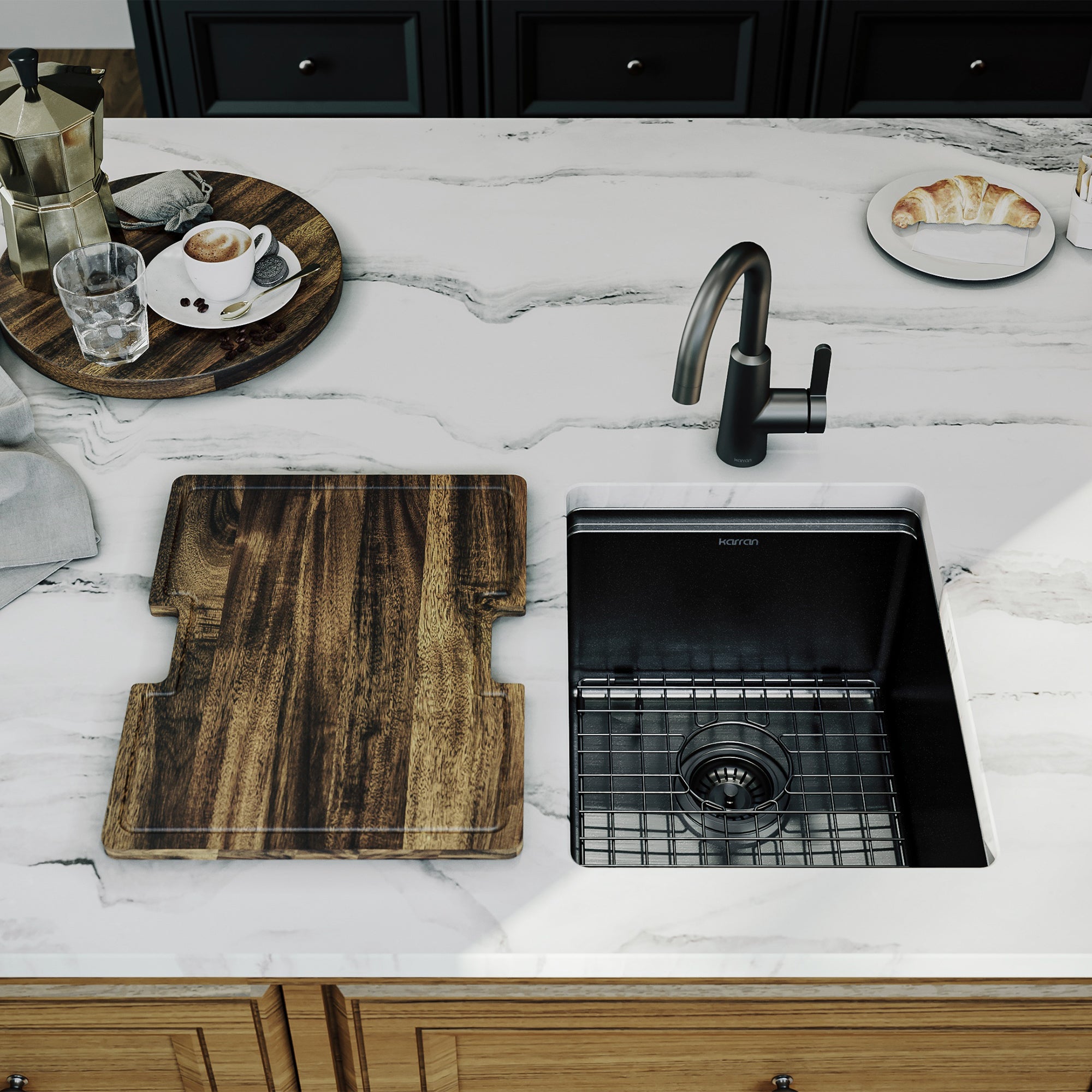Karran elite workstation 15 stainless steel kitchen sink gunmetal black lifestyle image