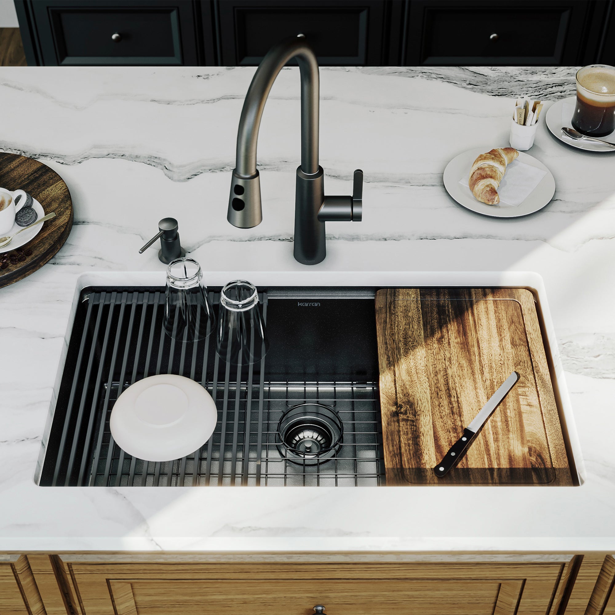 Karran elite workstation 32 stainless steel kitchen sink gunmetal black lifestyle image
