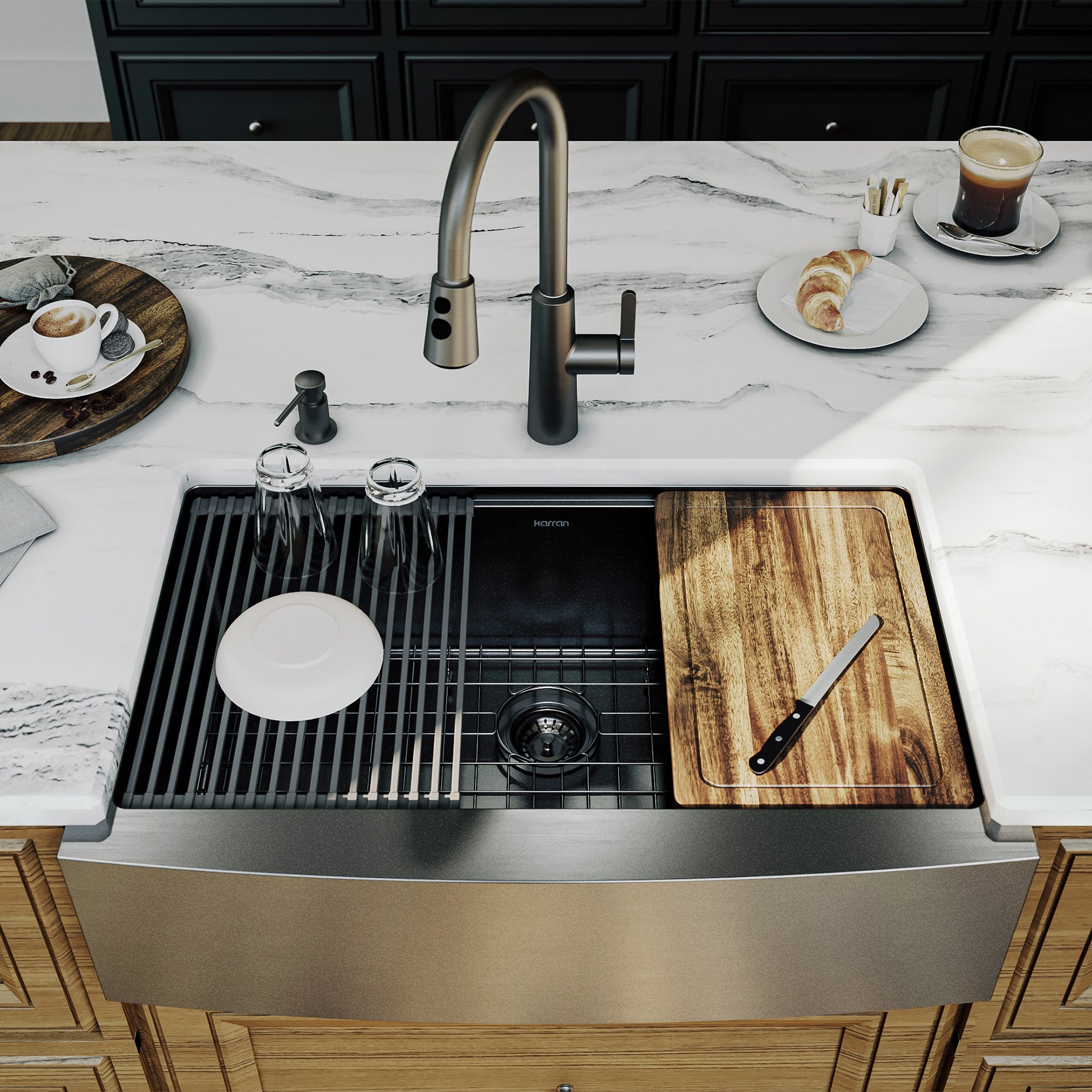 Karran elite workstation 33 stainless steel farmhouse sink gunmetal black lifestyle image