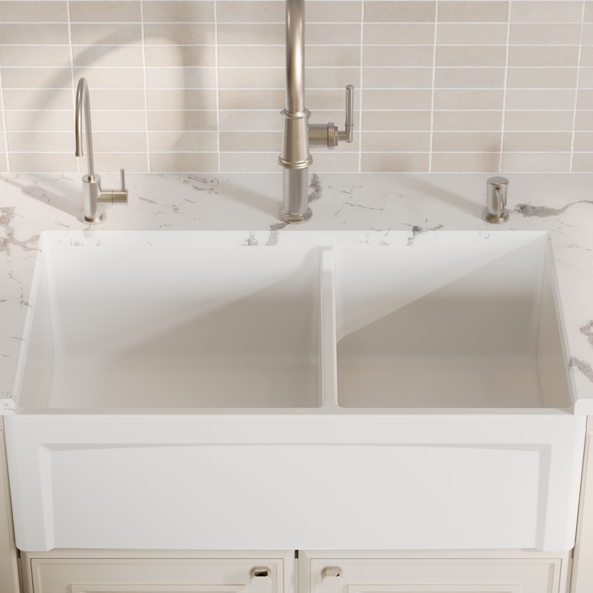 Alternative View of Karran Fireclay 33" Fireclay Farmhouse Sink with Accessories, 60/40 Double Bowl, White, FCP33DBWH