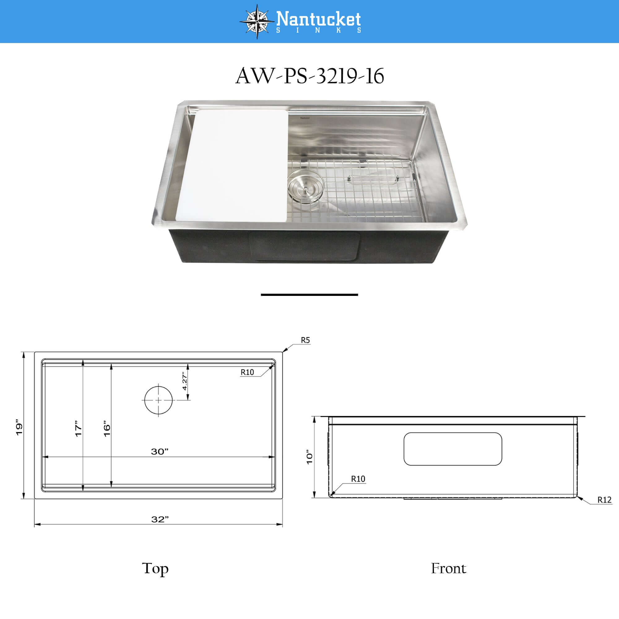 Nantucket Sinks All Weather 32" Undermount 316 Marine Grade Stainless Steel Kitchen Sink with Accessories, 16 Gauge, AW-PS-3219-16