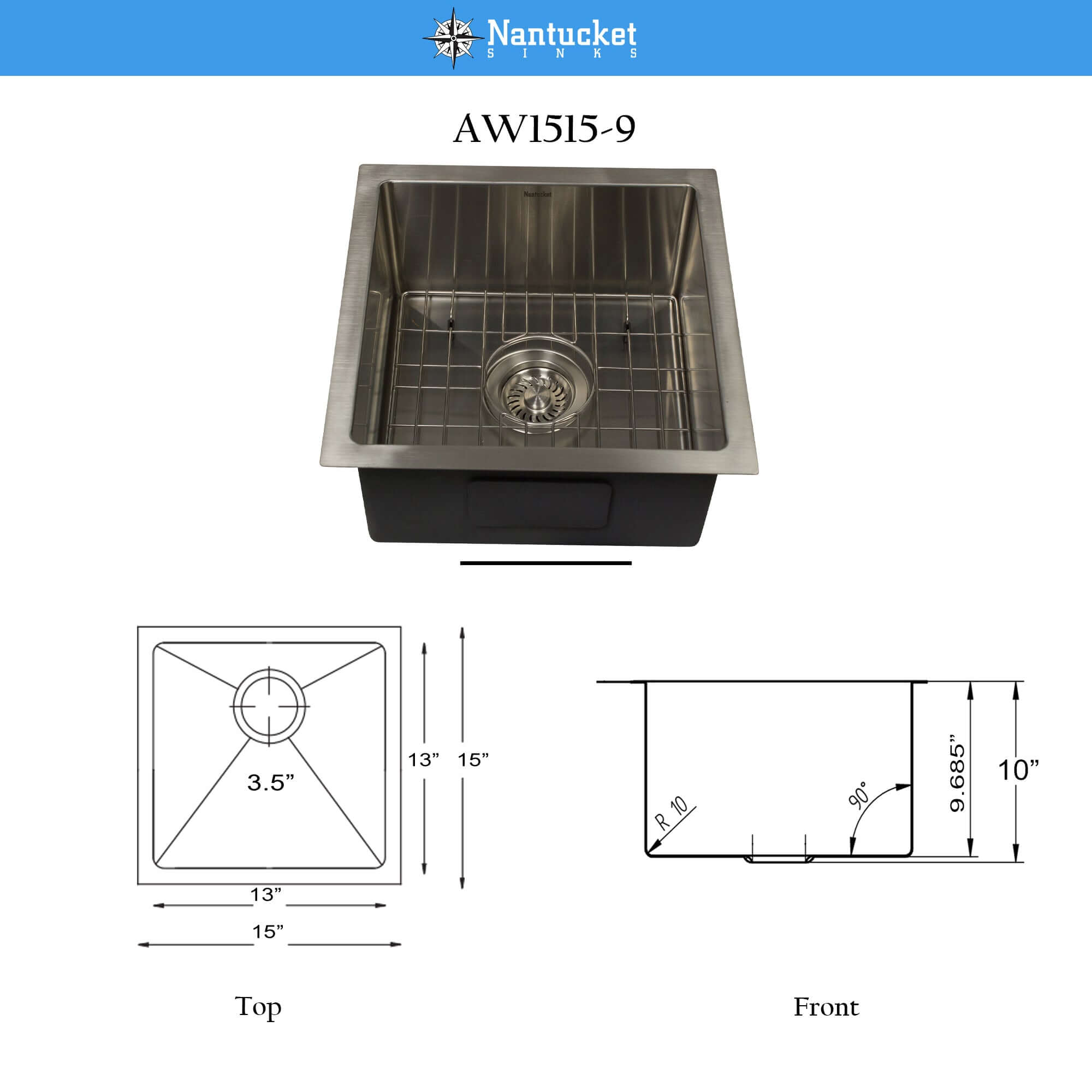 Nantucket Sinks All Weather 15" Undermount 316 Marine Grade Stainless Steel Kitchen Sink with Accessories, 16 Gauge, AW1515-16