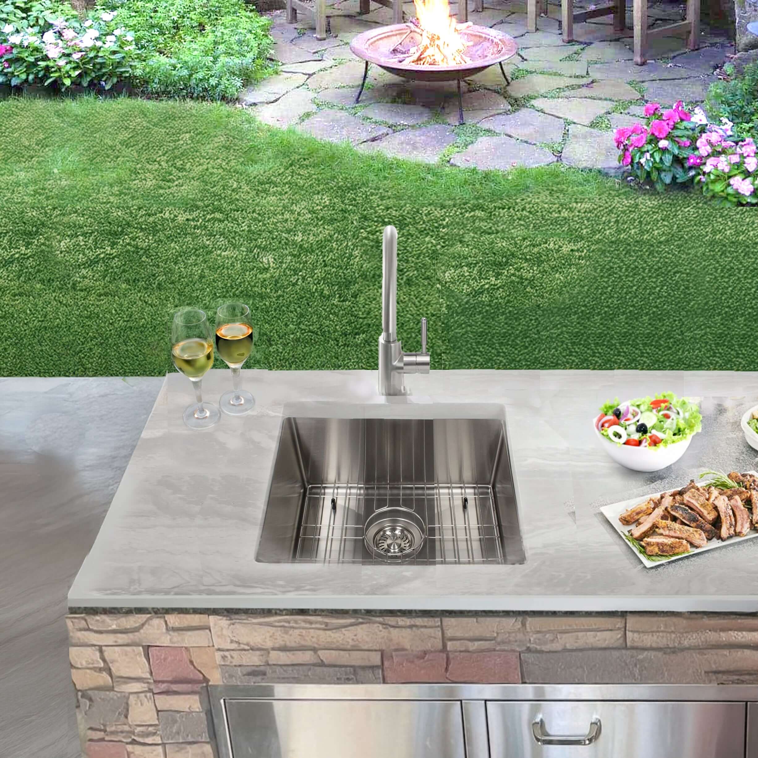 Nantucket Sinks All Weather 19" Square 316 Marine Grade Stainless Steel Workstation Bar/Kitchen Sink with Accessories, 16 Gauge, AW1919-16