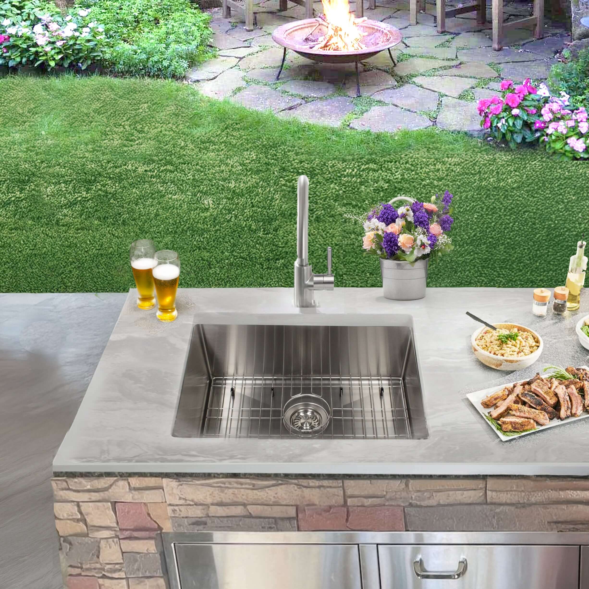 Nantucket sinks all weather 23 316 marine grade stainless steel kitchen sink with accessories 16 gauge lifestyle image