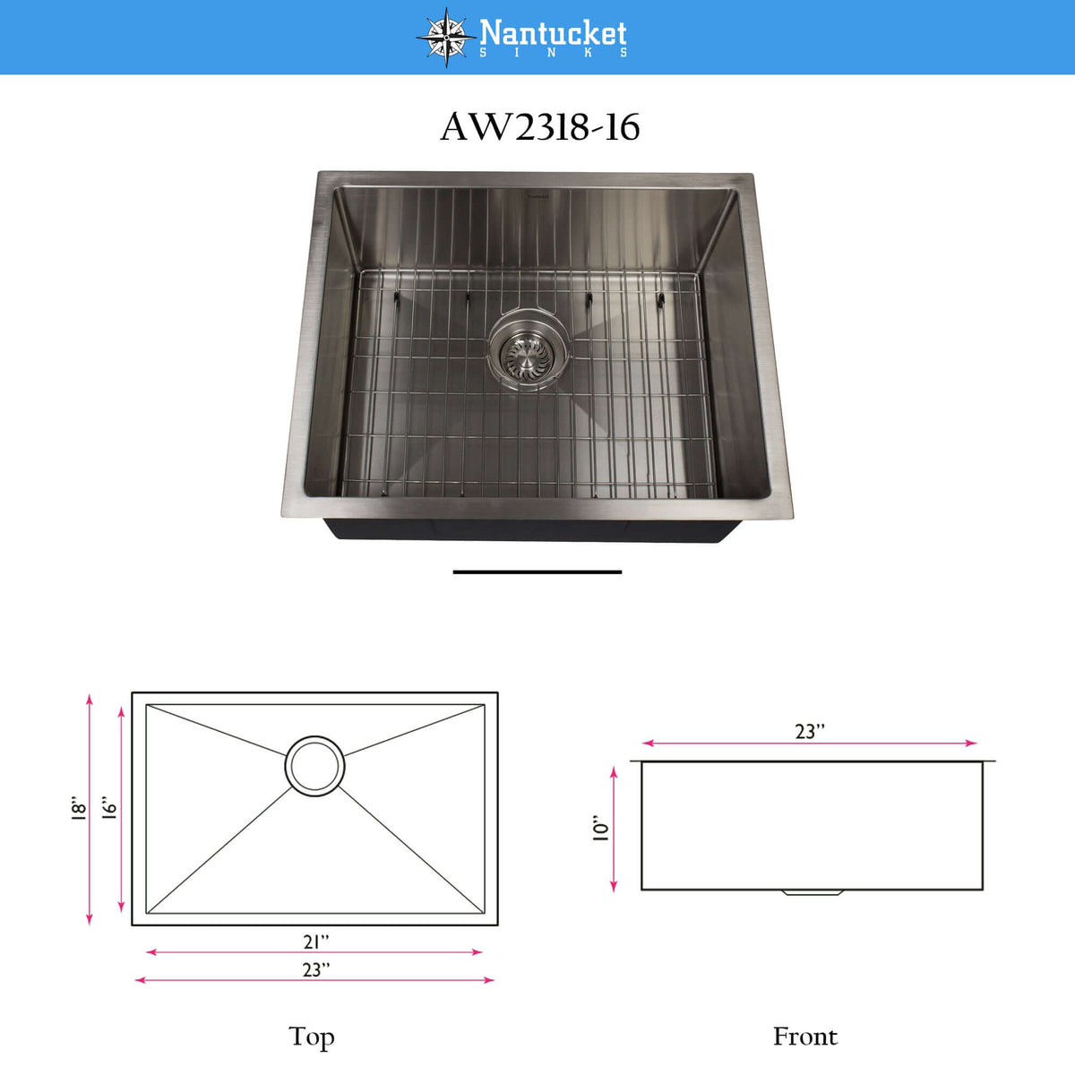 Nantucket Sinks All Weather 23" Undermount 316 Marine Grade Stainless Steel Kitchen Sink with Accessories, 16 Gauge, AW2318-16