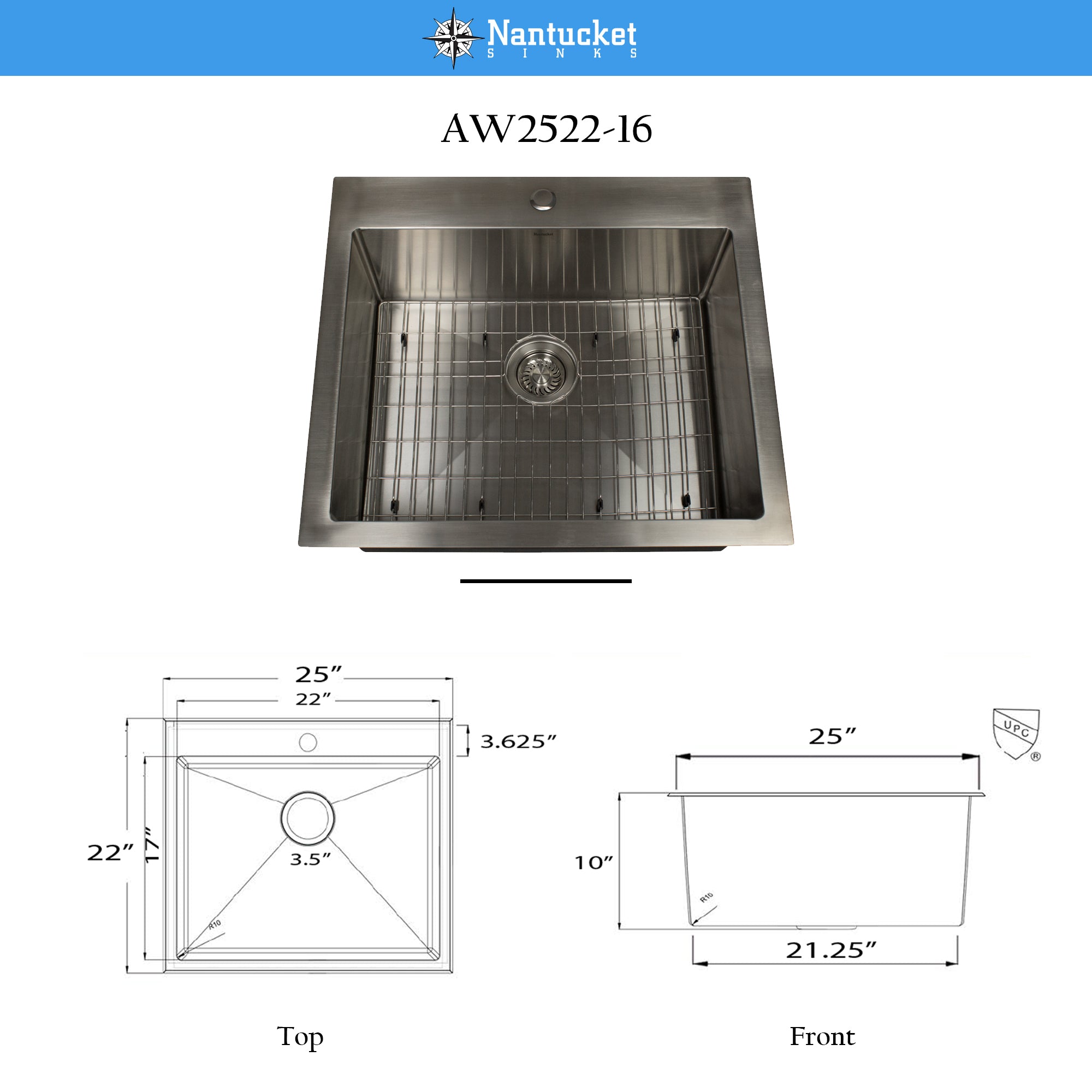 Nantucket Sinks All Weather 25" Drop In/Topmount 316 Marine Grade Stainless Steel Kitchen Sink with Accessories, 16 Gauge, AW2522-16