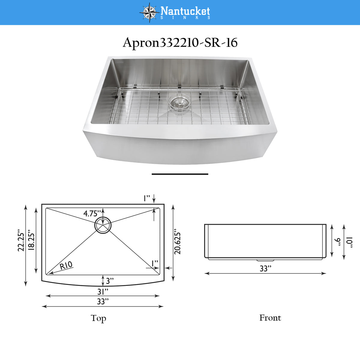 Nantucket Sinks Pro Series 33" Stainless Steel Farmhouse Sink, 16 Gauge, Apron332210-SR-16