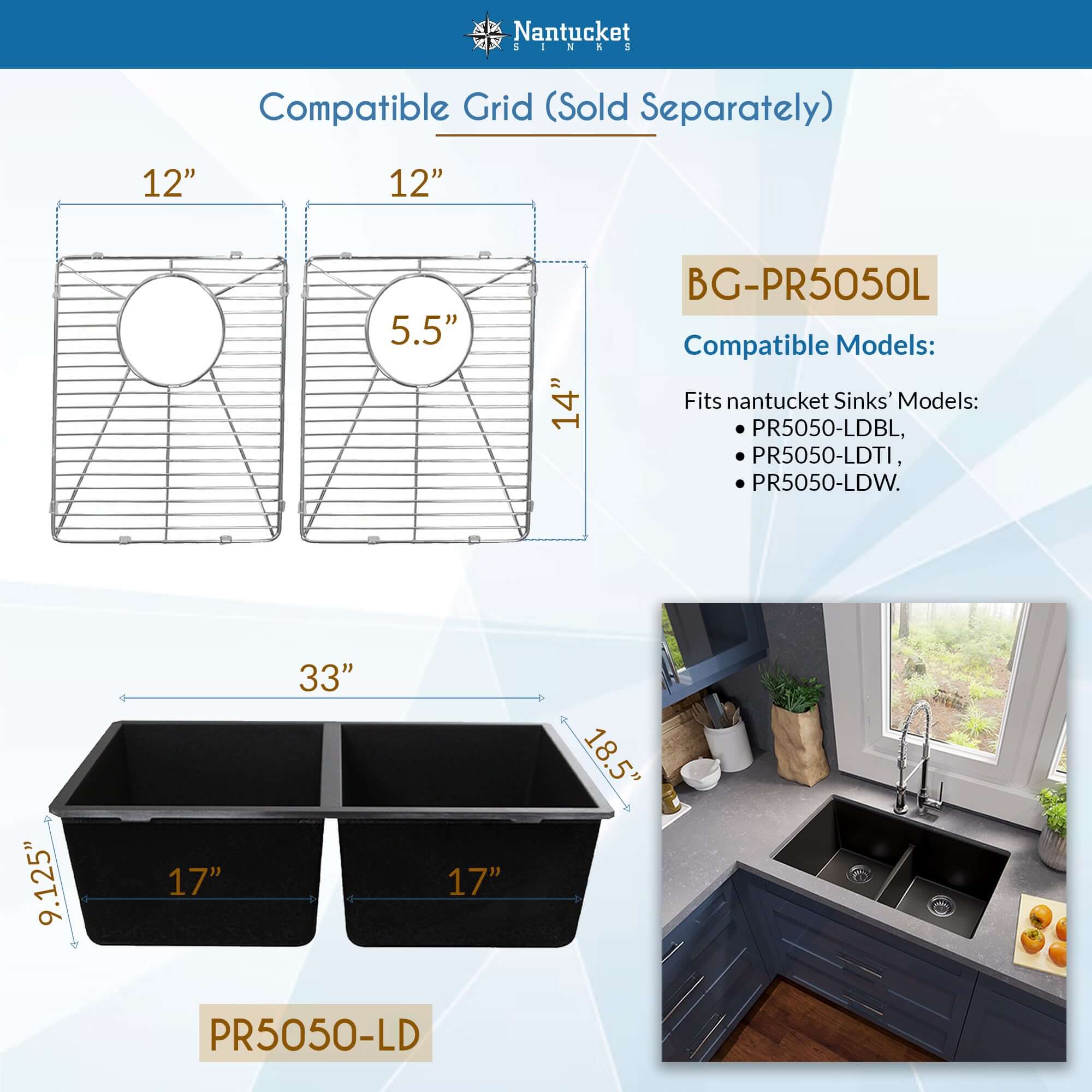 Alternate Image for Nantucket Sinks Plymouth 33" Undermount Granite Composite Kitchen Sink, 50/50 Double Bowl, Black/metallic flecks, PR5050-LDBL