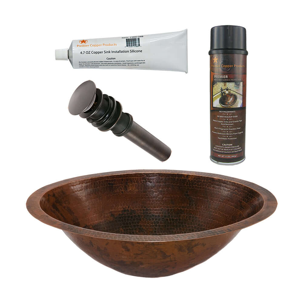 Alternate Image for Premier Copper Products 20" Master Bath Oval Under Counter Hammered Copper Bathroom Sink, Matching Drain and Accessories, Oil Rubbed Bronze, BSP5_LO20FDB-P