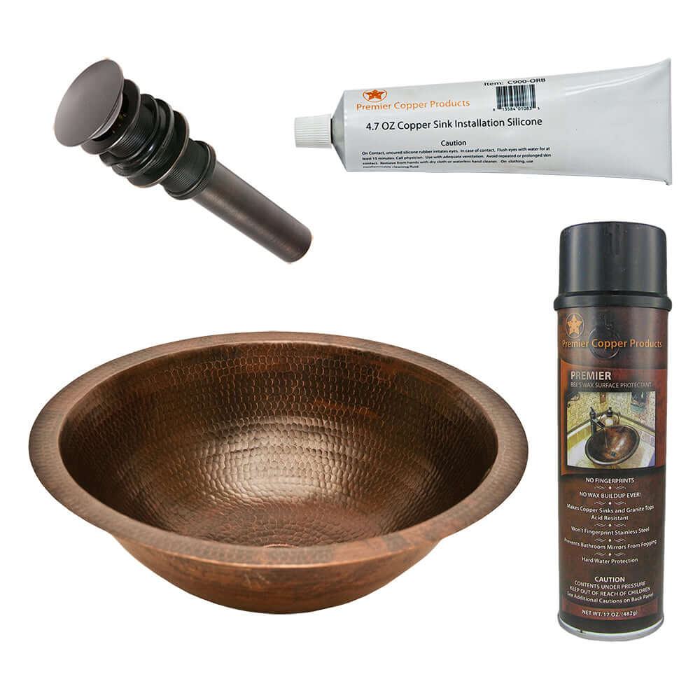 Alternate Image for Premier Copper Products 17" Round Under Counter Hammered Copper Bathroom Sink, Matching Drain and Accessories, Oil Rubbed Bronze, BSP5_LR17FDB-P