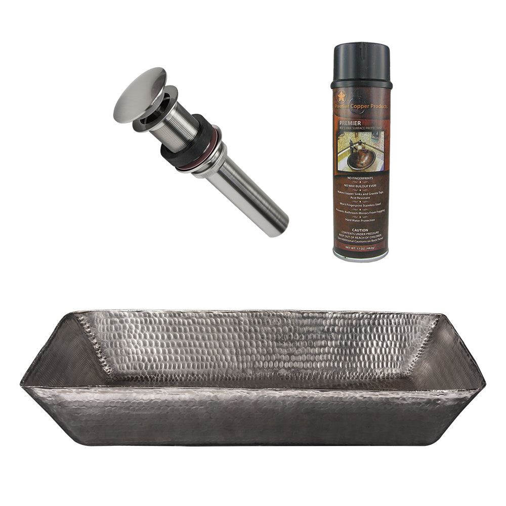Premier Copper Products 20" Rectangle Vessel Hammered Copper Bathroom Sink in Nickel, Matching Drain and Accessories, BSP5_VREC2014EN-P