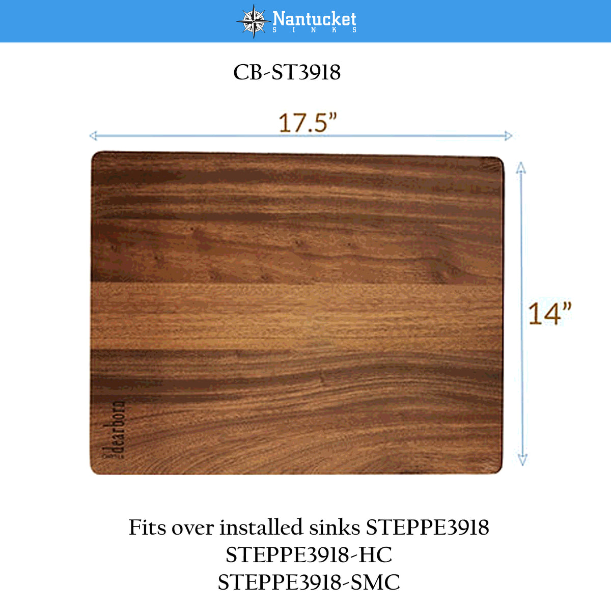 Nantucket Sinks Premium Kitchen 17.5" x 14" Cutting Board CB-ST3918 for Steppe Sinks, Sapele Wood, Natural variations/brown wood